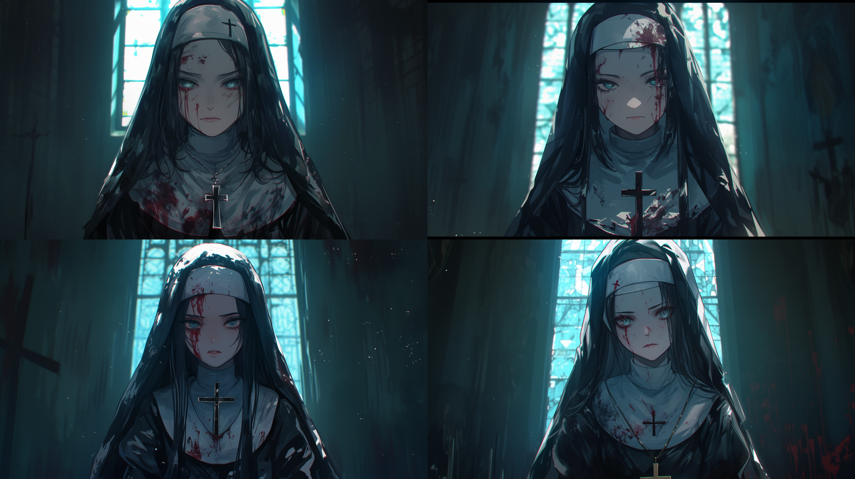 黑色卷发修女，身穿破烂的修道服，身上有红色圣经纹身，眼神冷漠，人物全身