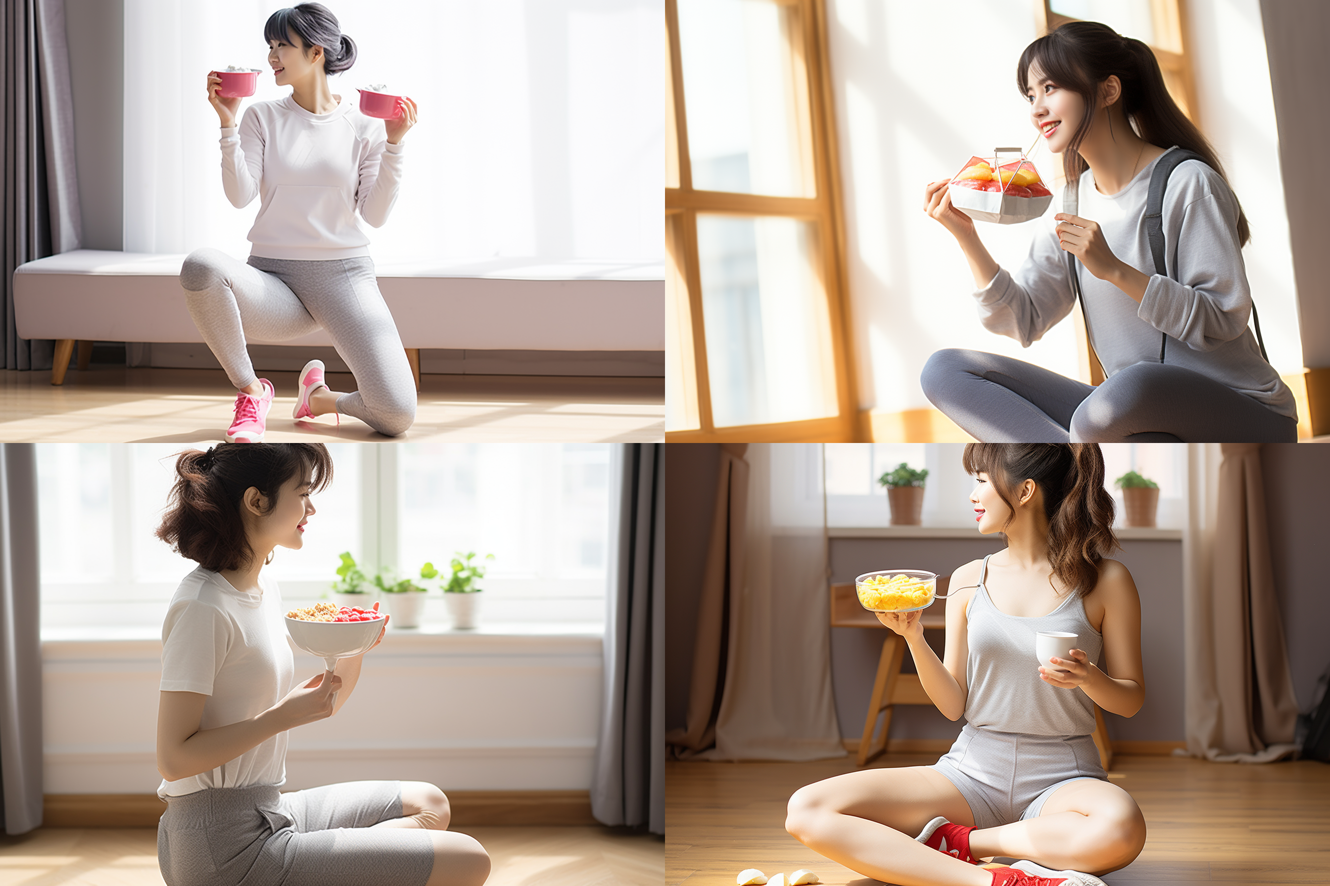全身，背面，不露脸，工作休闲装，吃零食女人，自然光，柔光，干净背景 全身