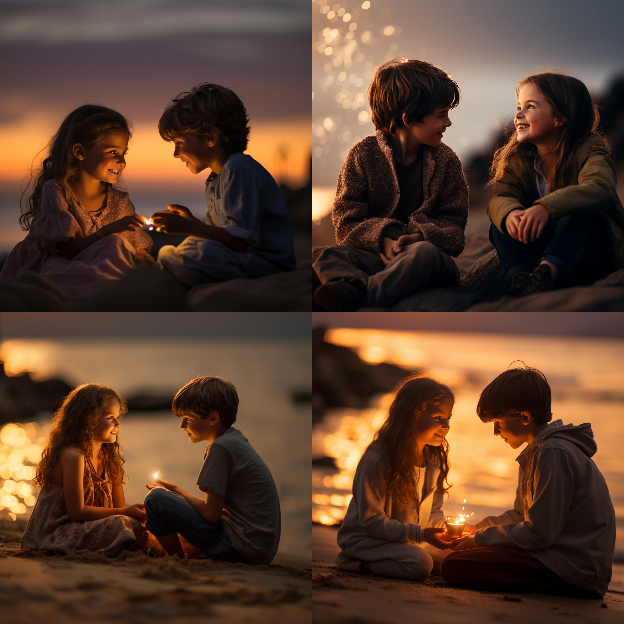 男孩希望女孩相信他，傍晚海边，温暖色调，50mm定焦镜头，逆光拍摄，微笑，目光交流，情感真挚，浪漫。