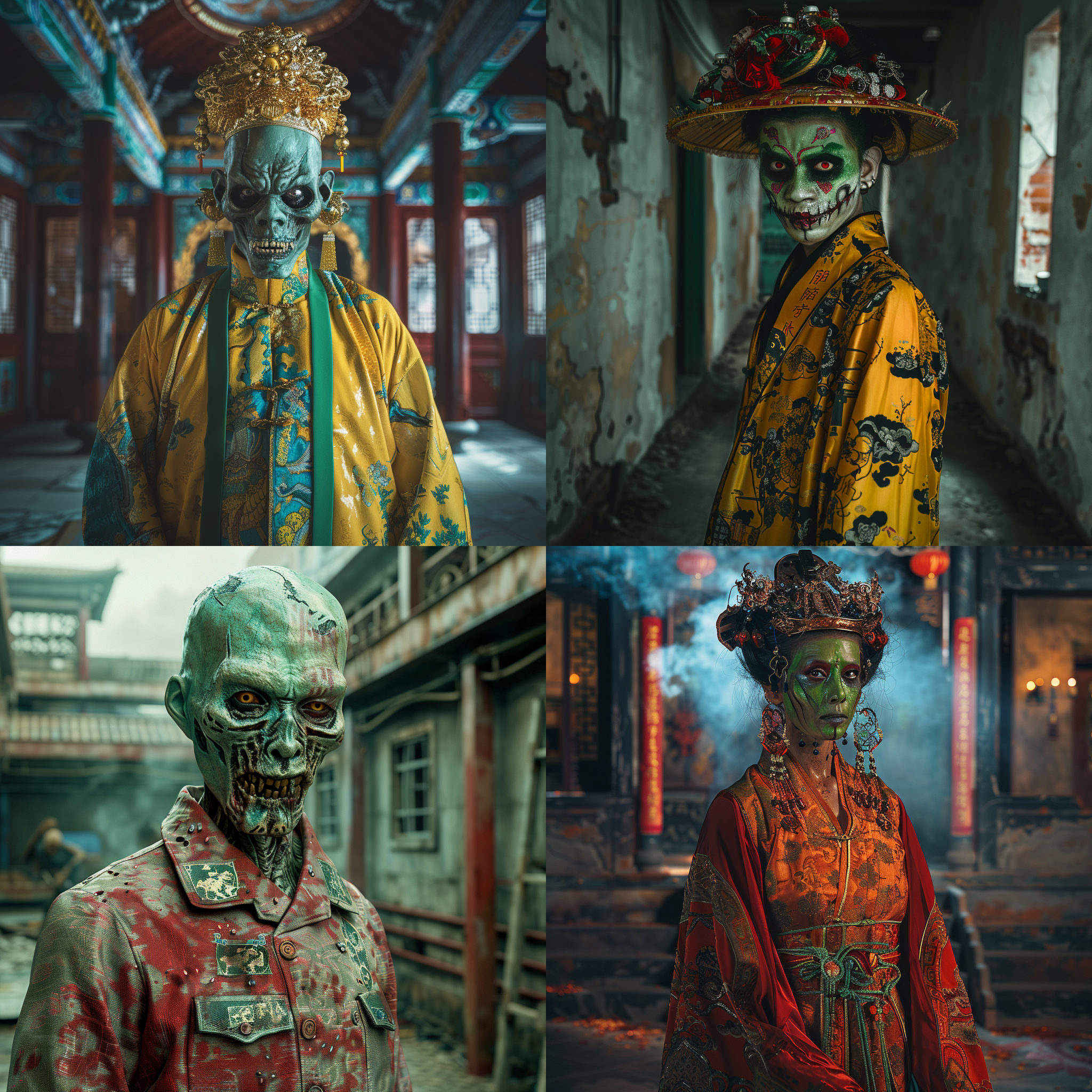 中式僵尸，清朝服饰，青面獠牙，wasteland dressing, bright colors, bright lighting, frontal view, full body lens, panoramic photography, ultra fine, ultra clear, ultra high resolution, ultra high quality, ultra high definition,4k