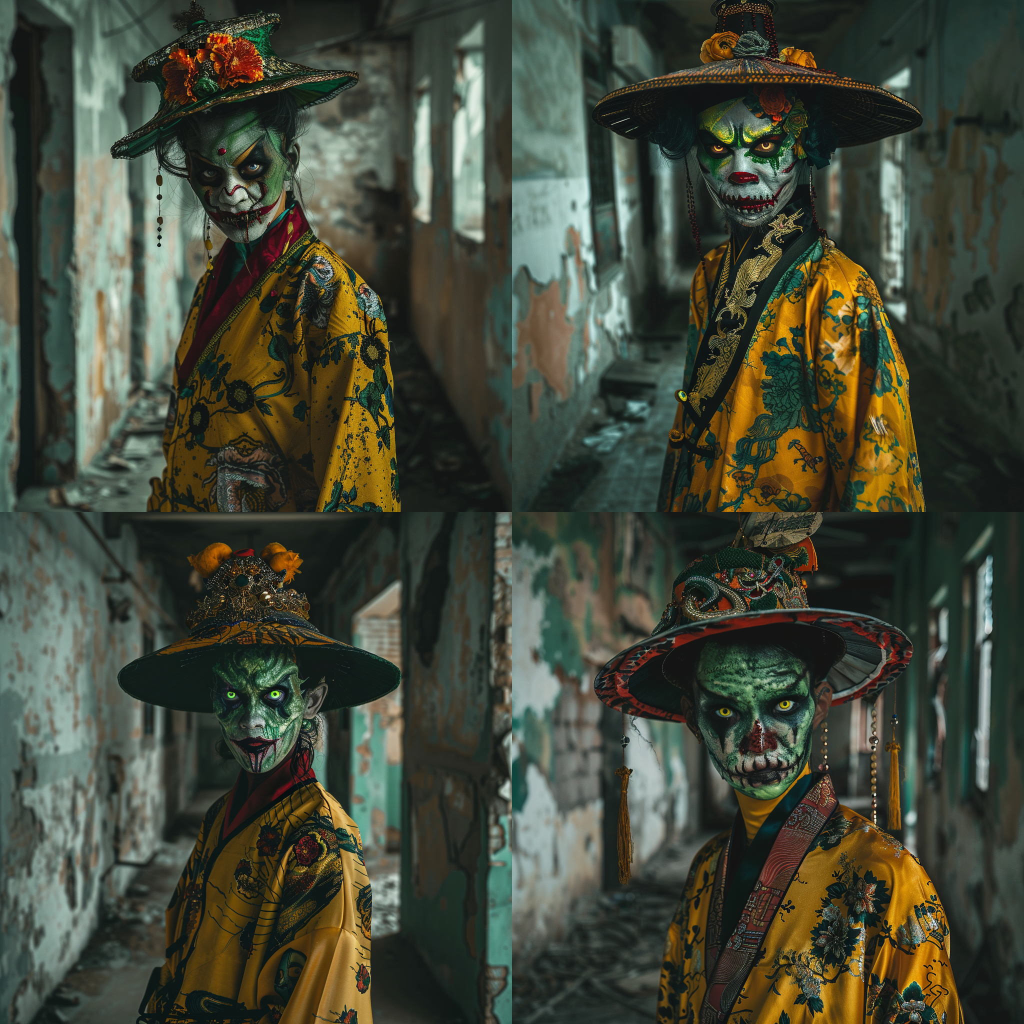 中式僵尸，清朝服饰，青面獠牙，wasteland dressing, bright colors, bright lighting, frontal view, full body lens, panoramic photography, ultra fine, ultra clear, ultra high resolution, ultra high quality, ultra high definition,4k