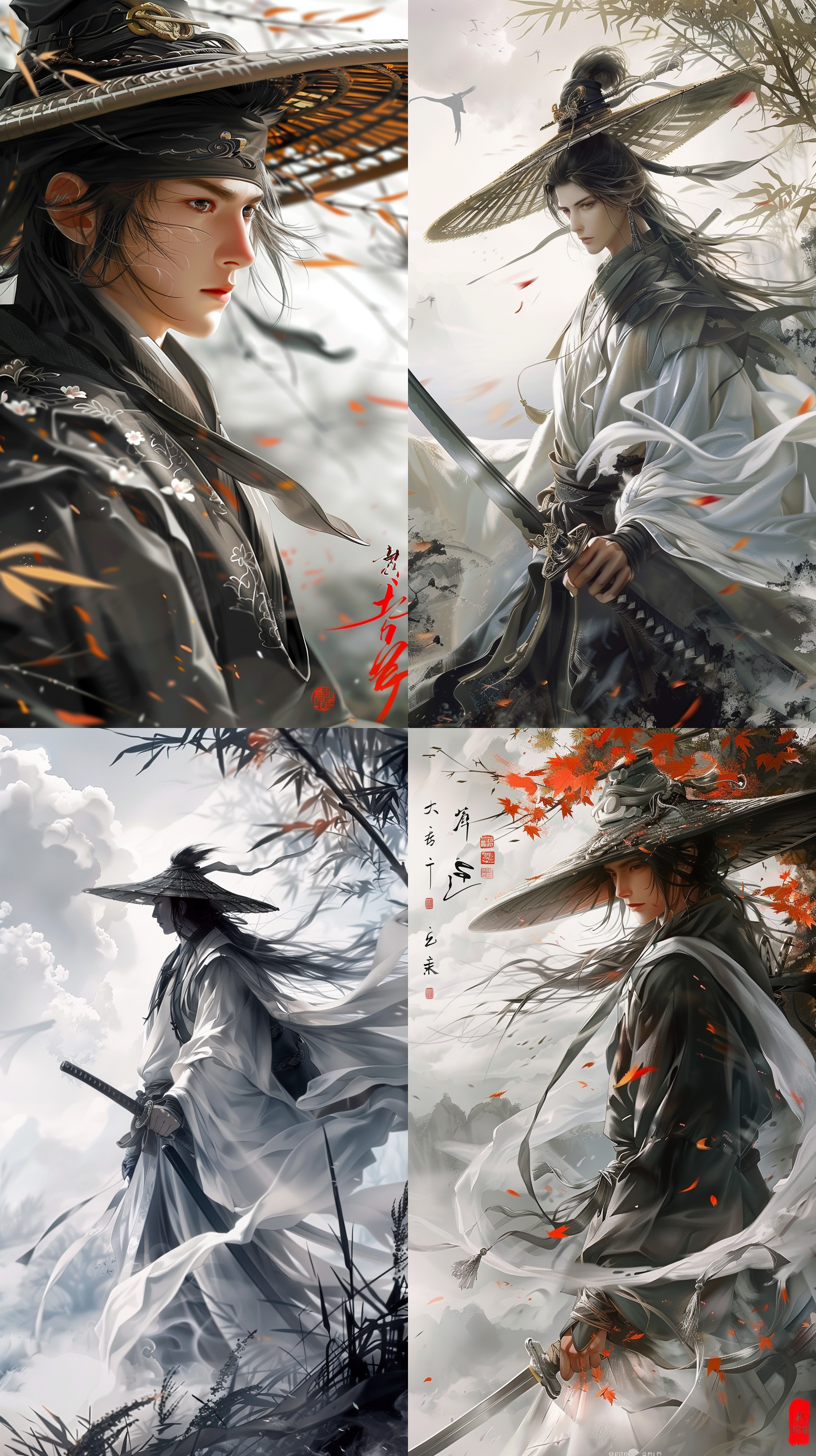 男孩手持武器，侧面剪影，日本武士服装，单色调，简约背景，剑客独奏，武士刀特写，黑白水墨画风格，竹帽，高质量镜头，剑客英姿，剑客剪影，草帽，静谧情感。 水墨插画