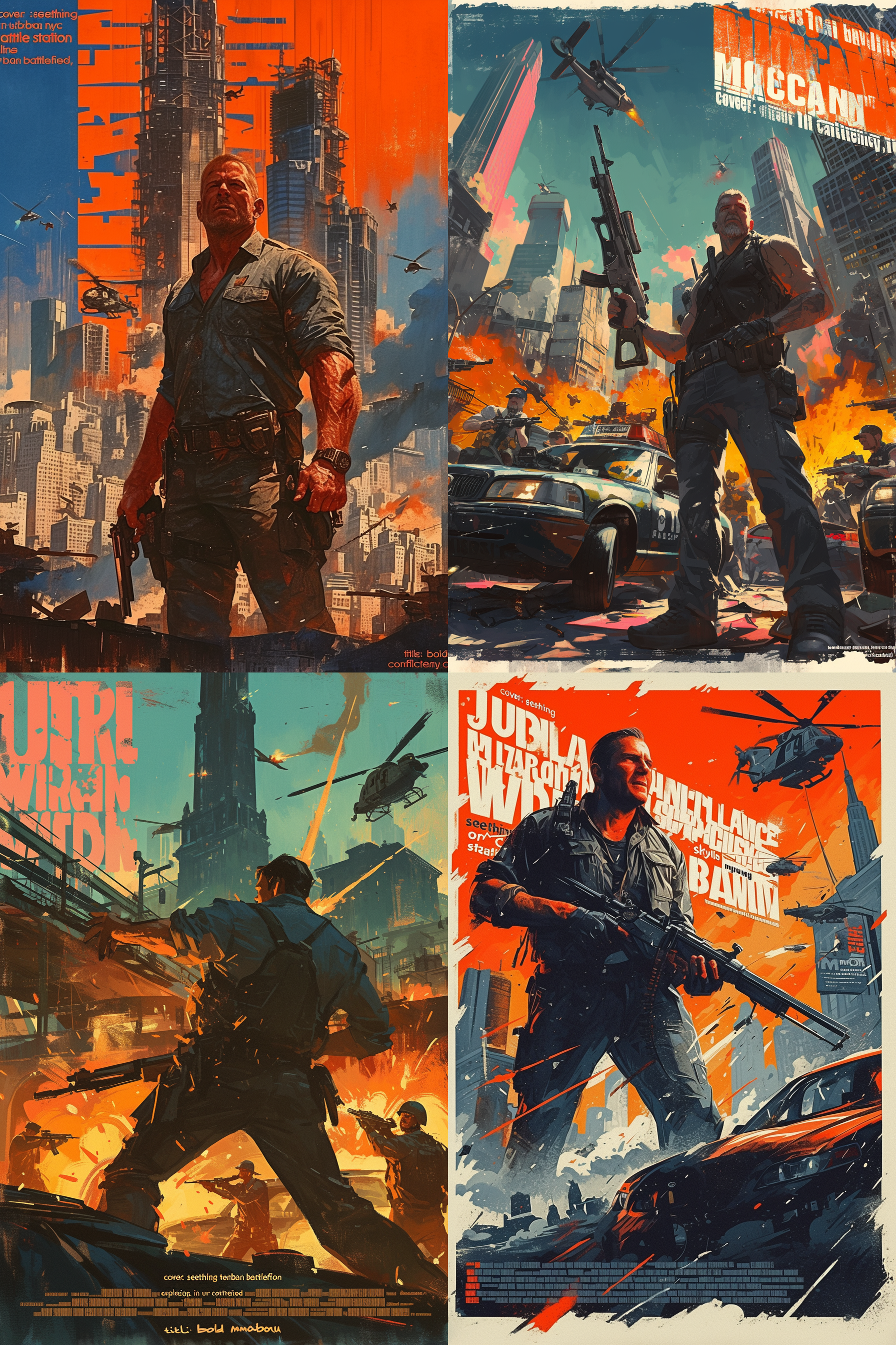 urban warfare: the mcclane showdown" cover: seething tension in urban battlefield, nyc skyline or central station backdrop, explosions, shattered glass, urgency, conflict. title: bold "urban warfare: the mcclane showdown", impact font in white/silver, gritty texture, rugged theme. protagonist: bruce willis as john mcclane, iconic action postures, gun, resilience. gunfight: mcclane's shootouts with terrorists, cover, shattering glass, rooftop gunfire, explosions, tension, drama. supporting characters: silhouettes of adversaries, police, helicopters, tension amplification, focus on protagonist. color scheme: deep blues, blacks, orange, red explosions, city danger