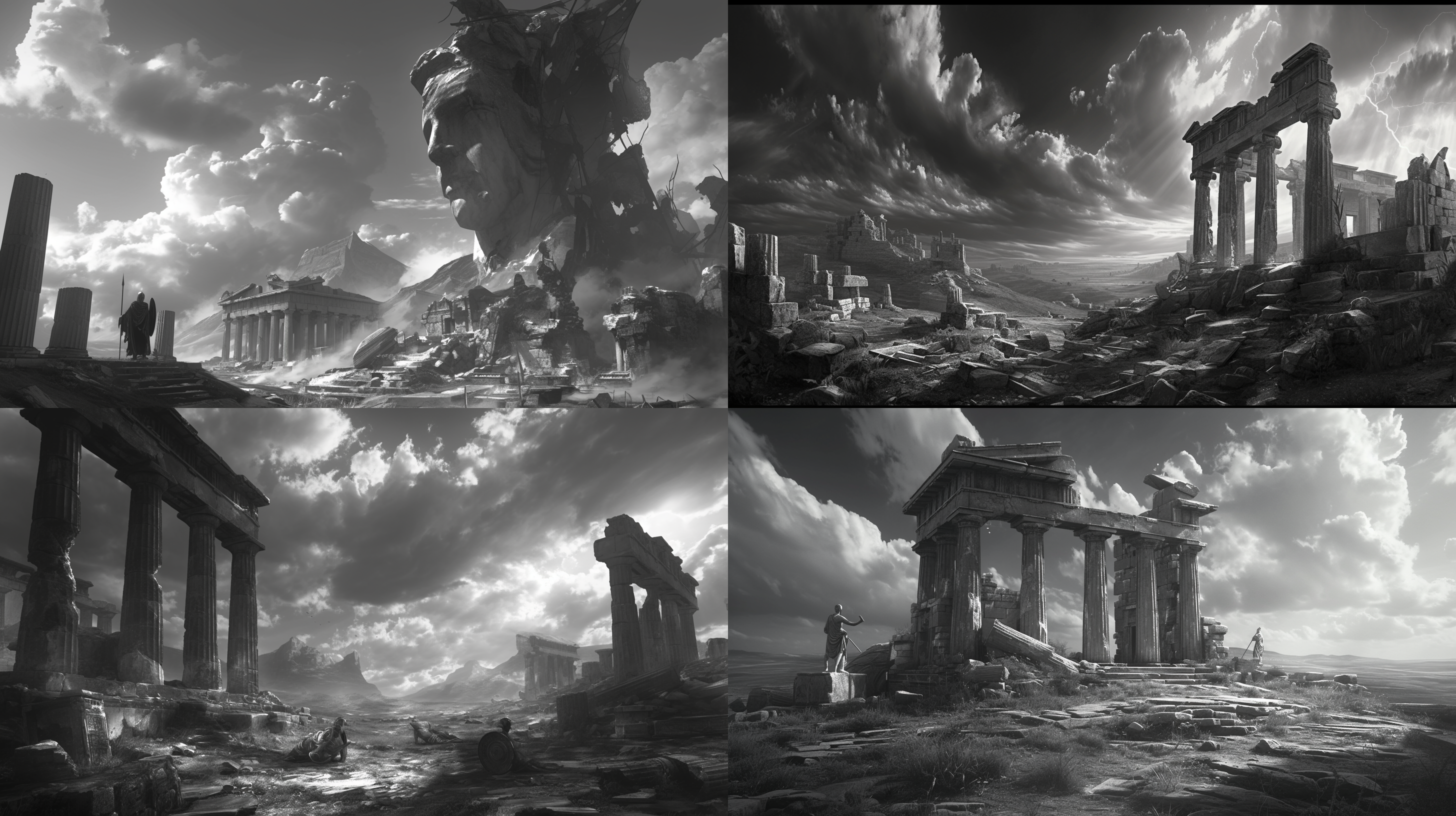 war of the gods in ancient greek mythology, battlefield ruins, collapsed temples, wide angle images, black and white composition