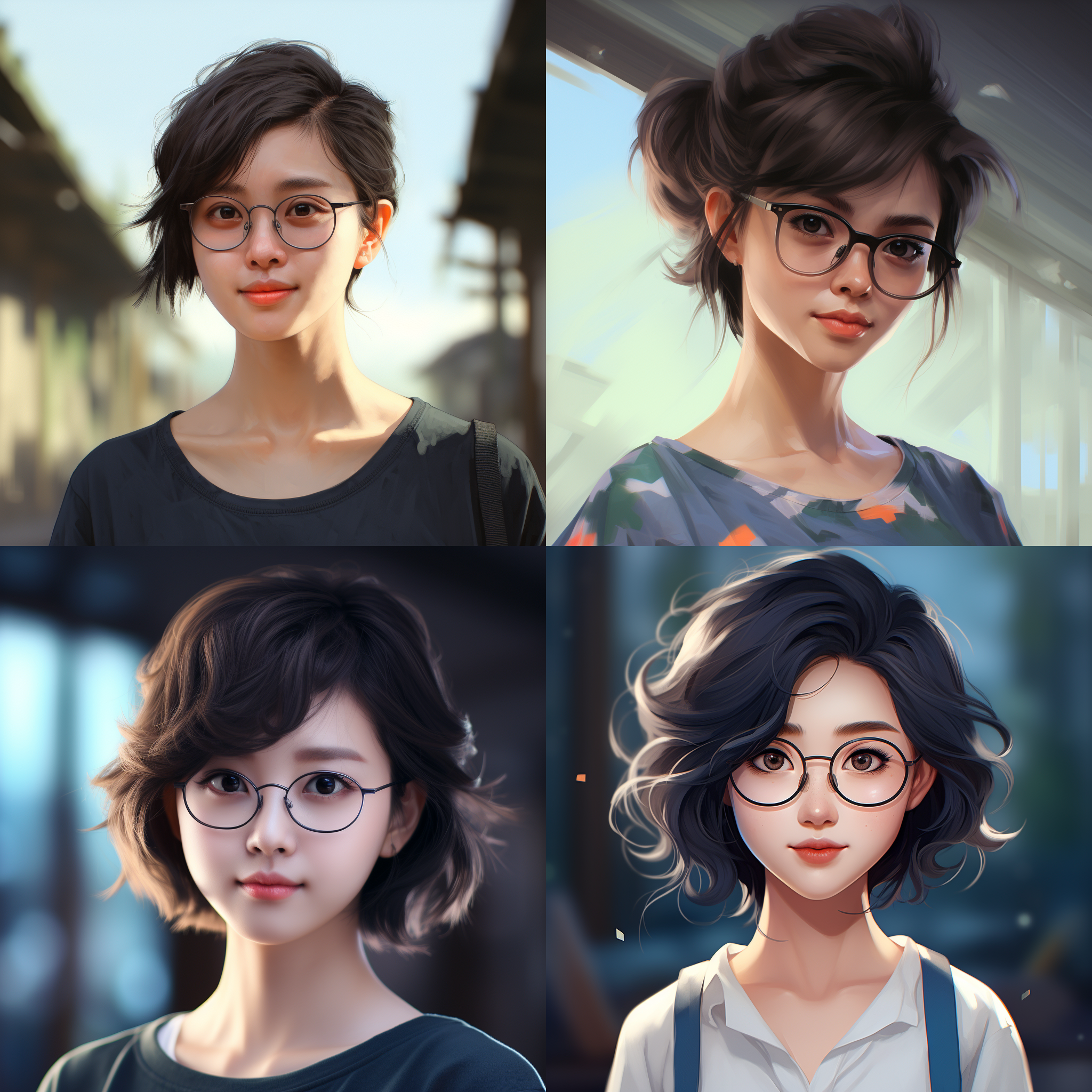 中国美女人像，戴眼镜，短发，可爱