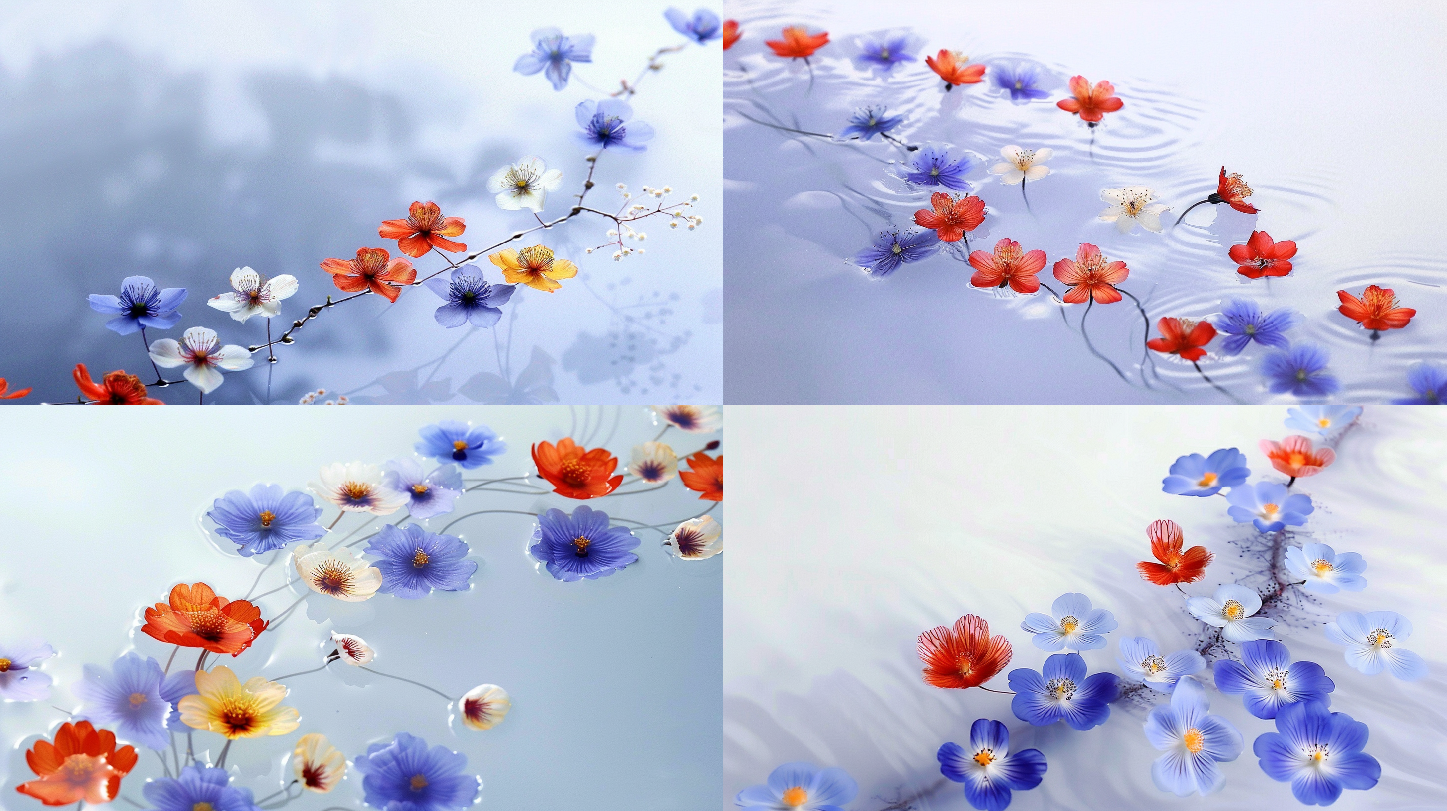 很多朵花，飘在水面，s型构图，纯色背景，远景，光影交错，色彩对比，三分图，留白，意境手机壁纸