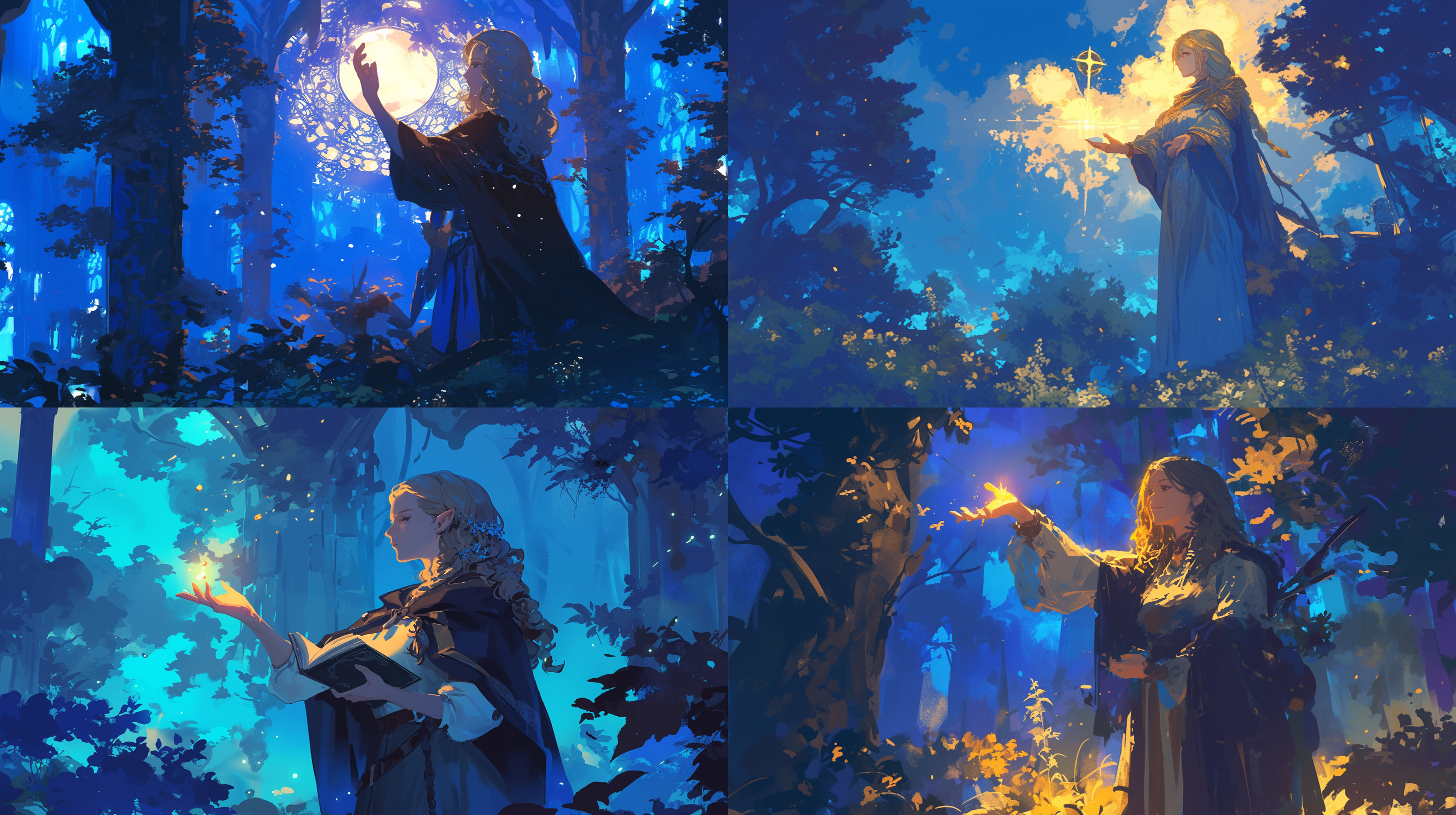 女祷士，释放祷告魔法，森林背景，夜晚