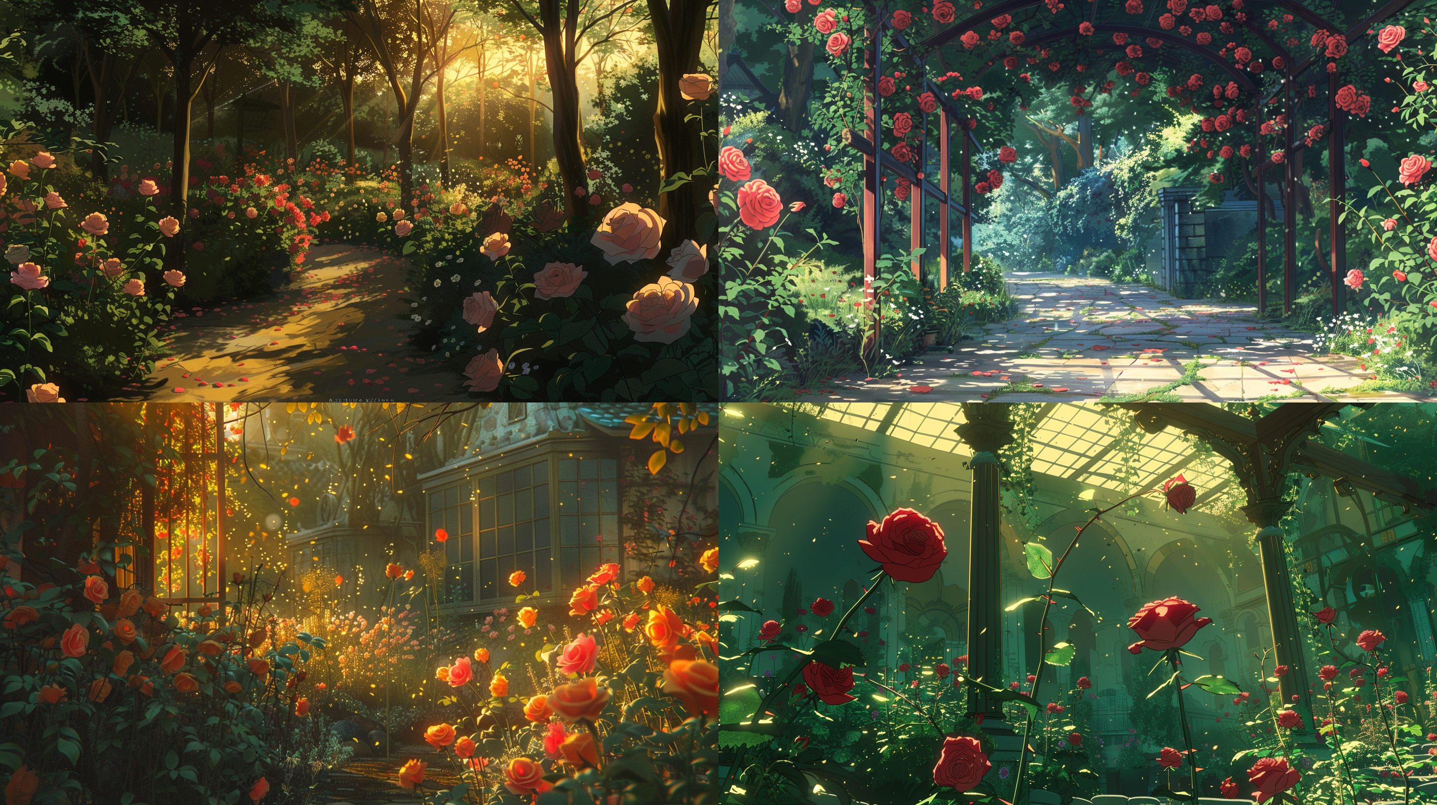 a garden ful of roses, magical, detailed, golden hour lightinccel-shaded animation in the style of studio ghibli anime,studio ghibli anime, studio ghibli anime, studio ghibli anime