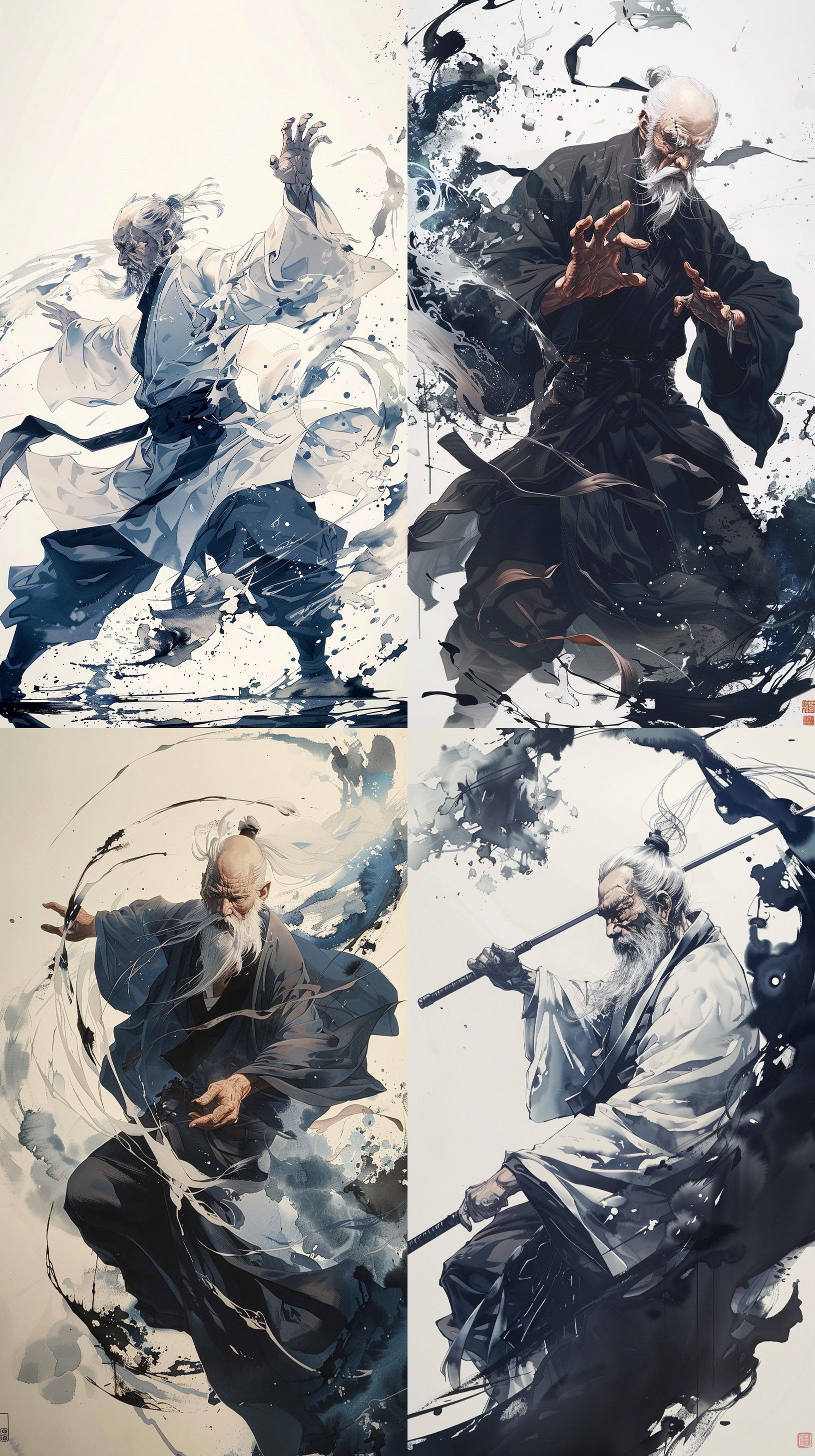 水墨画老头，排山倒海，功法施展，肌肉，侧面，山海，手持武器，中国服装，特效，男性焦点，单色，侧面，简单的背景，独奏，上身，武器，白色背景，中国画，黑白构图，墨水浮动，杰作，最好的质量，特写镜头。 喷漆风格 水墨插画