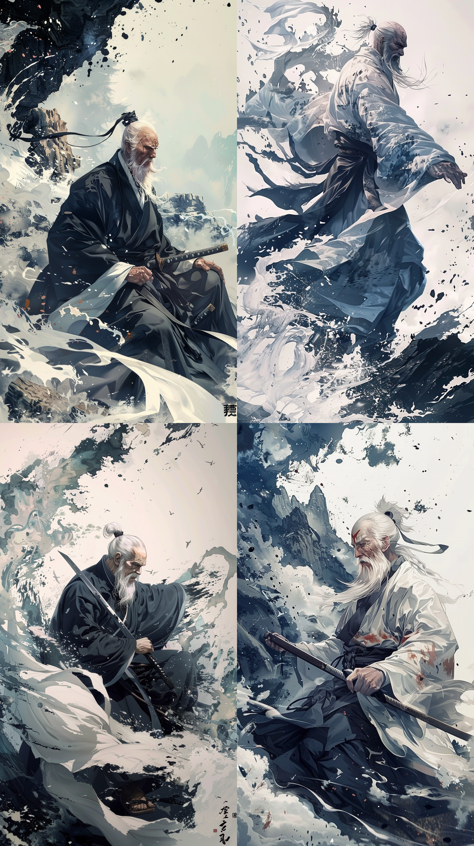 水墨画老头，排山倒海，功法施展，肌肉，侧面，山海，手持武器，中国服装，特效，男性焦点，单色，侧面，简单的背景，独奏，上身，武器，白色背景，中国画，黑白构图，墨水浮动，杰作，最好的质量，特写镜头。喷漆风格,水墨插画,抽象彩虹色渲染,光影投射,多层次构图,抽象艺术风格,丰富色彩,模糊效果,抽象主题,艺术摄影,光斑,梦幻氛围。 喷漆风格 水墨插画