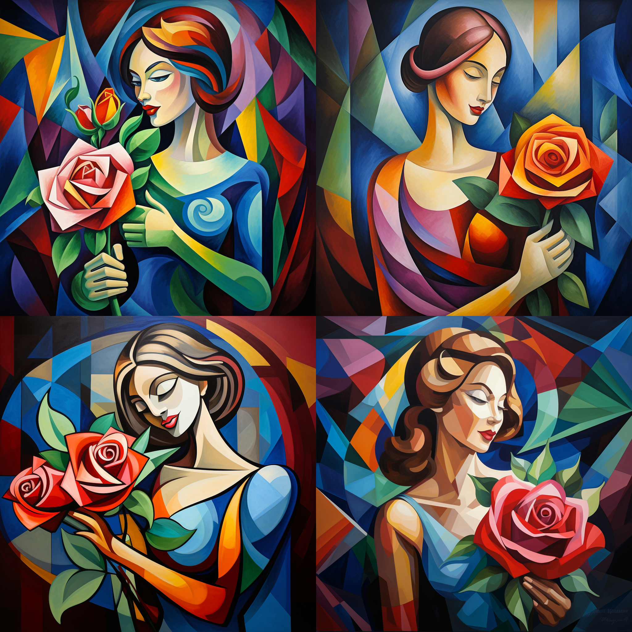 女人手持玫瑰，毕加索风格，色块鲜艳，三维立体感觉，现代艺术，抽象构图，明亮色彩，侧光，高饱和度，表现力强，优雅。