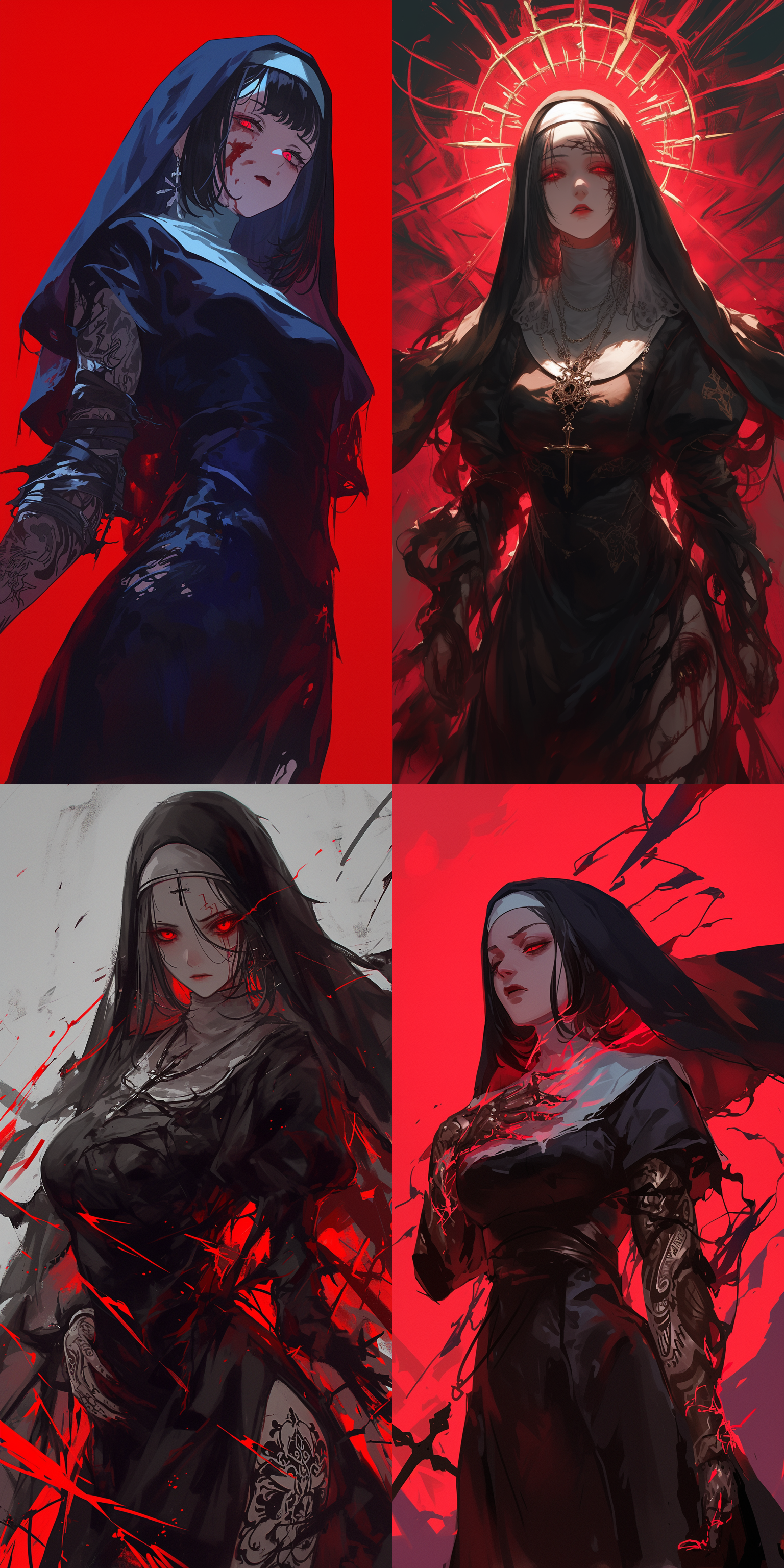 黑色卷发修女，身穿破碎的修道服，身上纹身映射出红光，眼神冷漠，人物全身