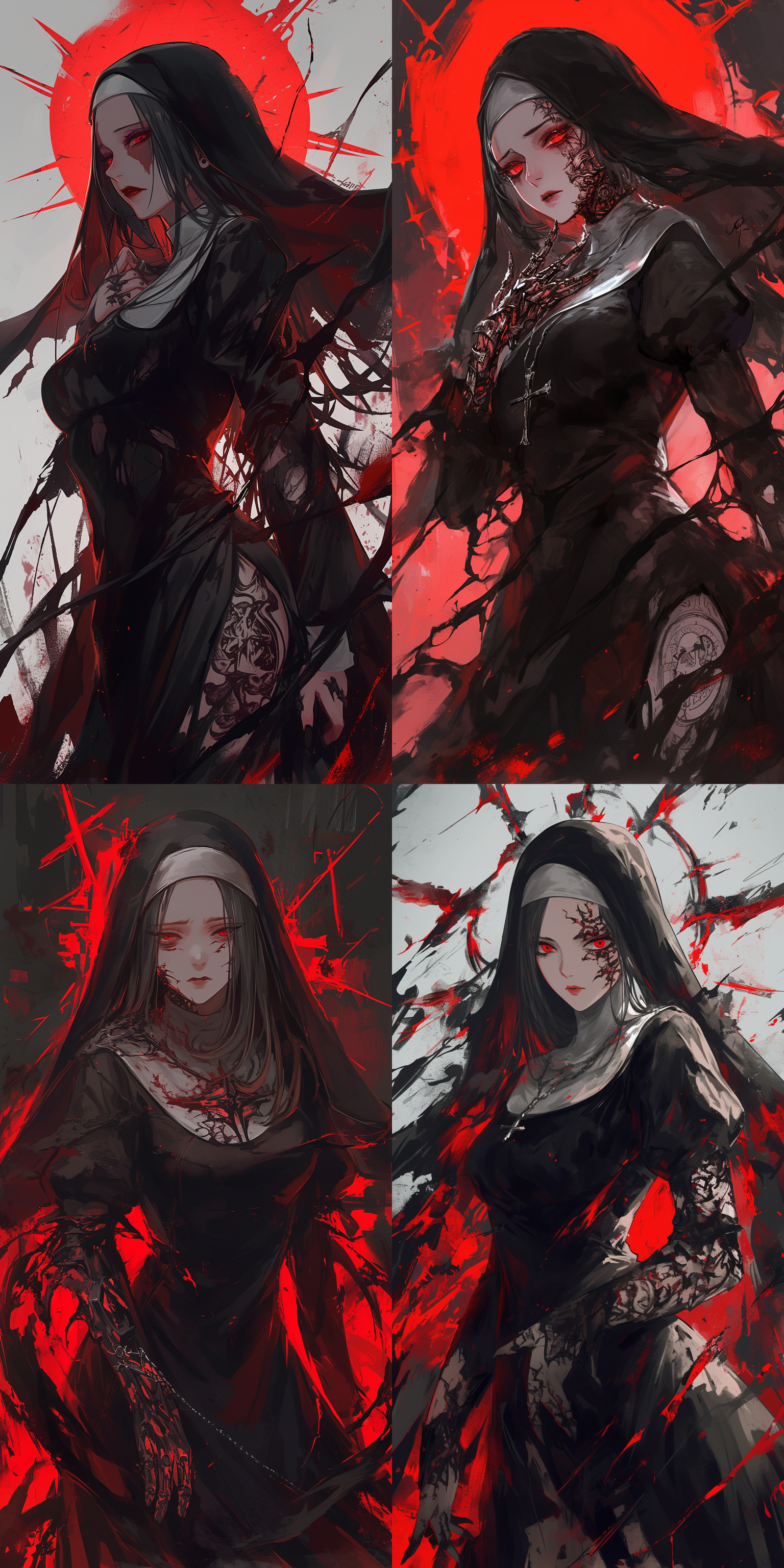 黑色卷发修女，身穿破碎的修道服，身上纹身映射出红光，眼神冷漠，人物全身