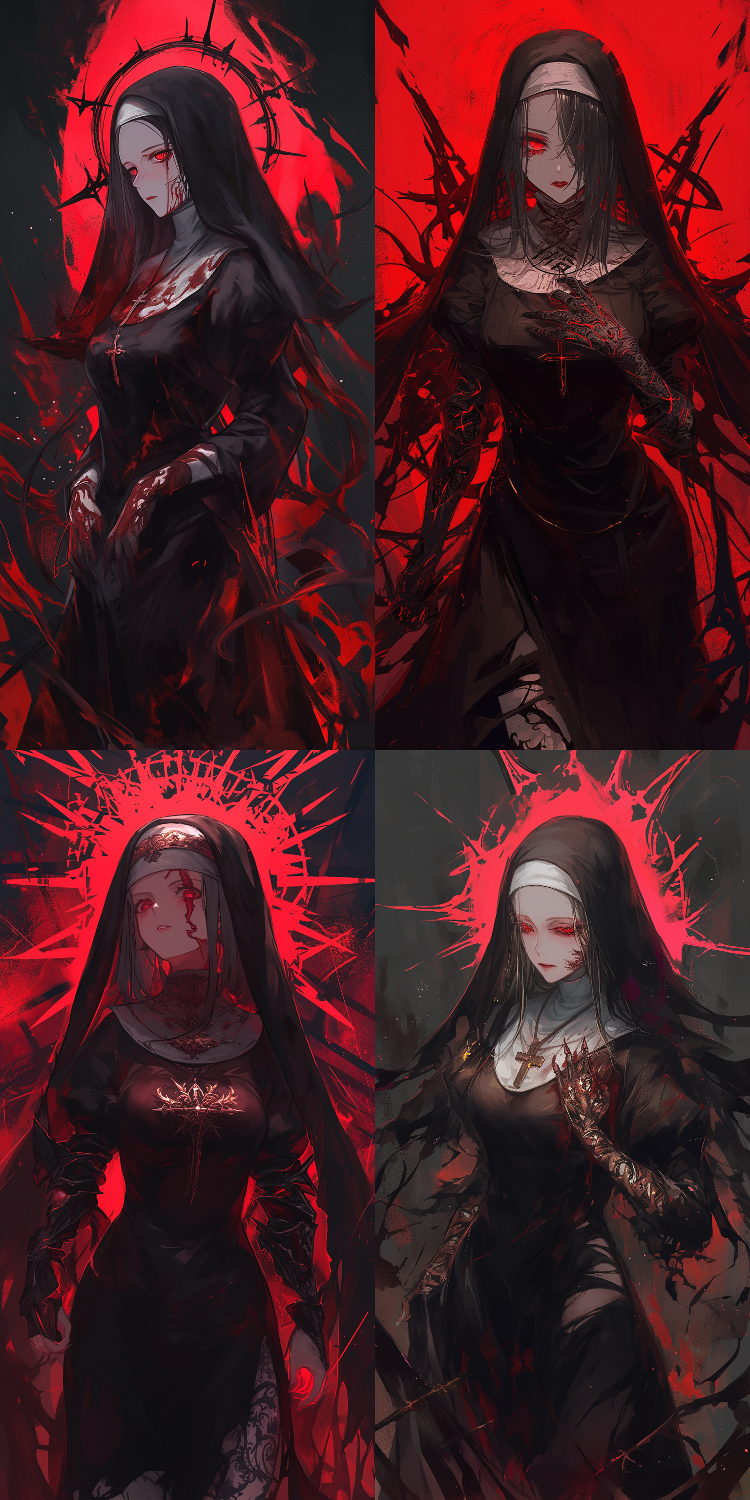 黑色卷发修女，身穿破碎的修道服，身上纹身映射出红光，眼神冷漠，人物全身