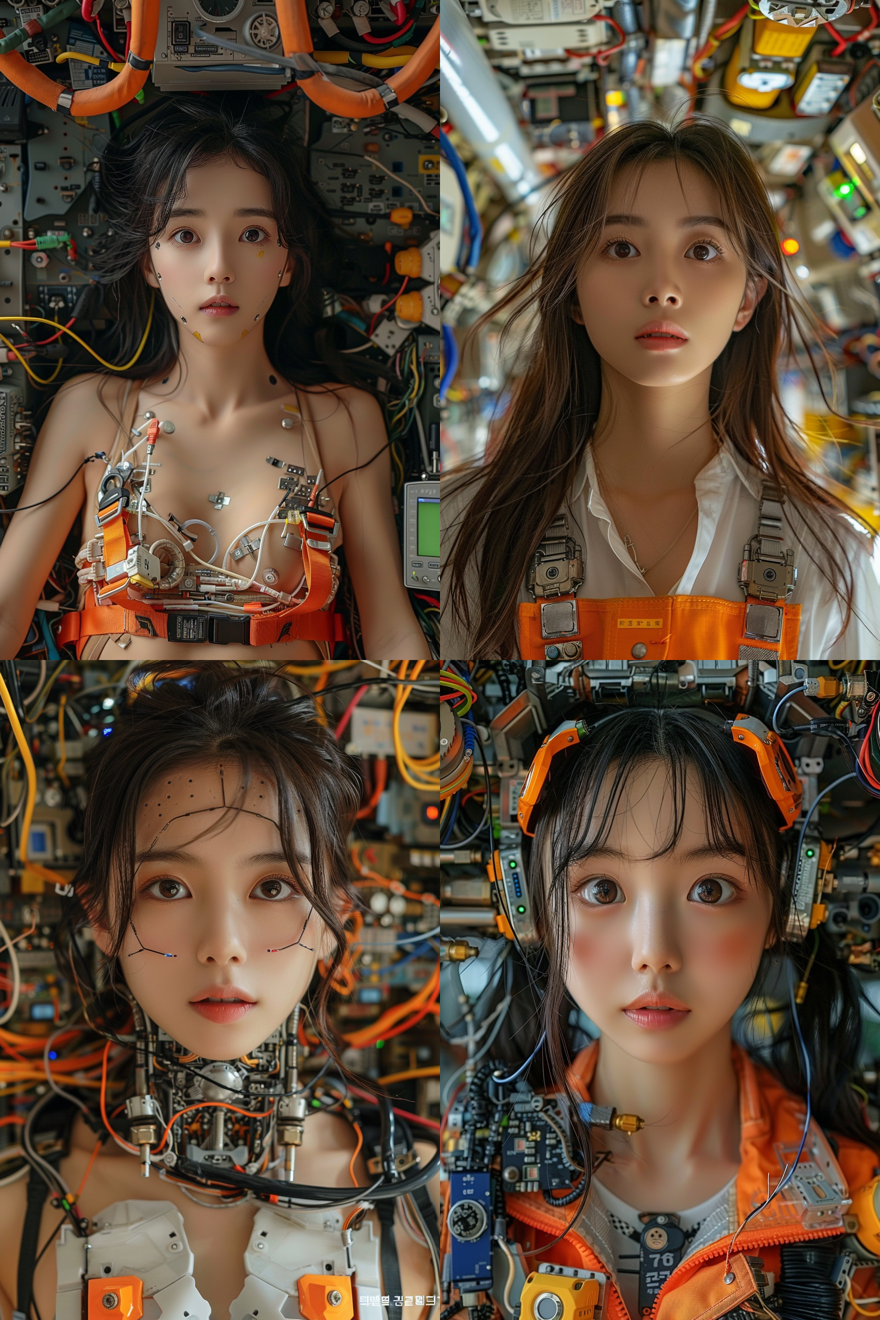 portrait of a mechanical girl, korean idol, circuitry. 8k 3d geology, detective pikachu, tool belt, 165 cm tall, cogs:1000, cargo pants. cyberpunk city, still from a live action movie, twitch streamer, (anime girl), hi-tech details, add text: auto repair, connected, beutiful white girl cyborg