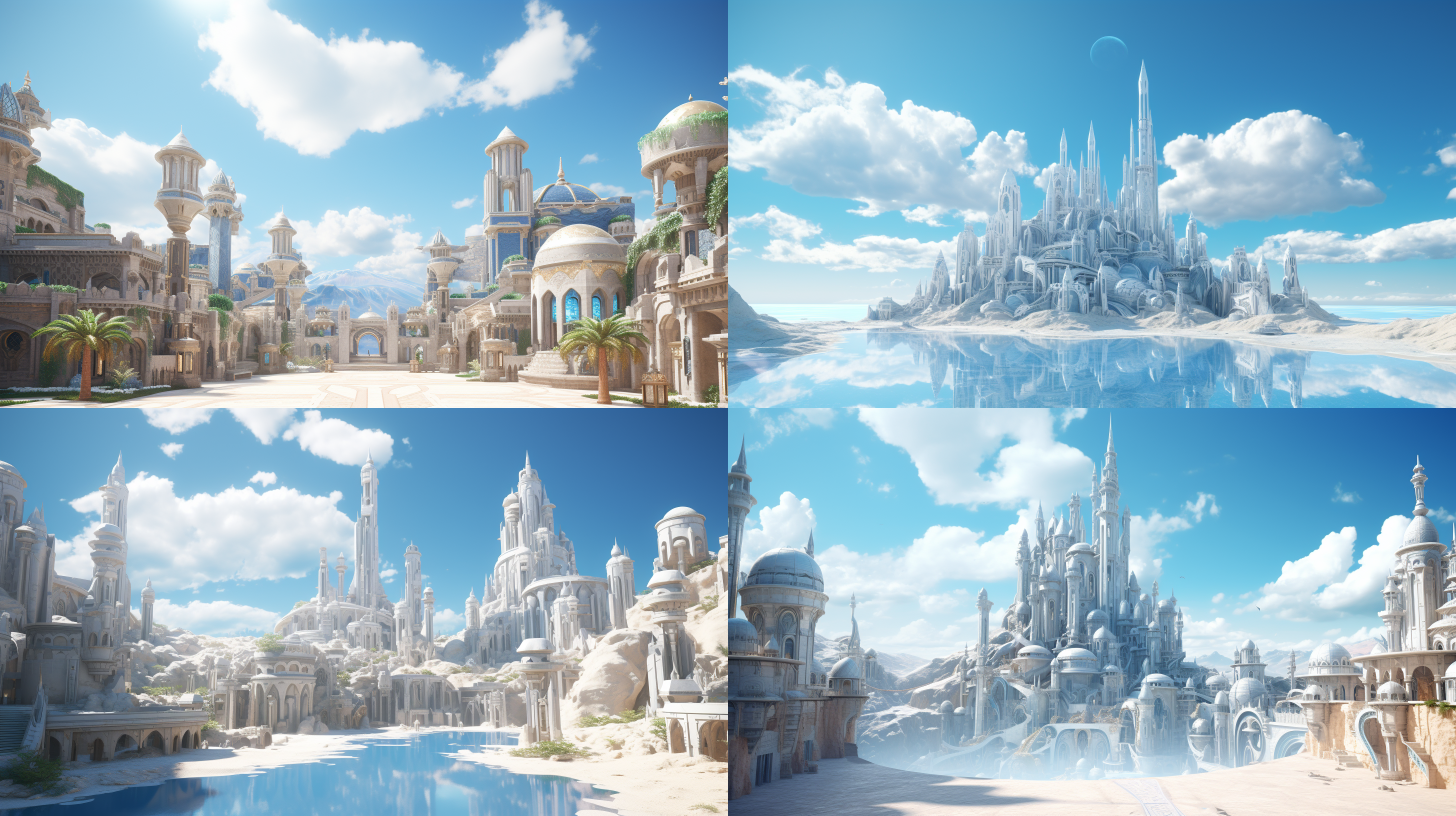 亚特兰蒂斯城市，沙漠中，蓝天白云，真实，超引擎，超高细节，虚幻5渲染，广角镜头，平静。