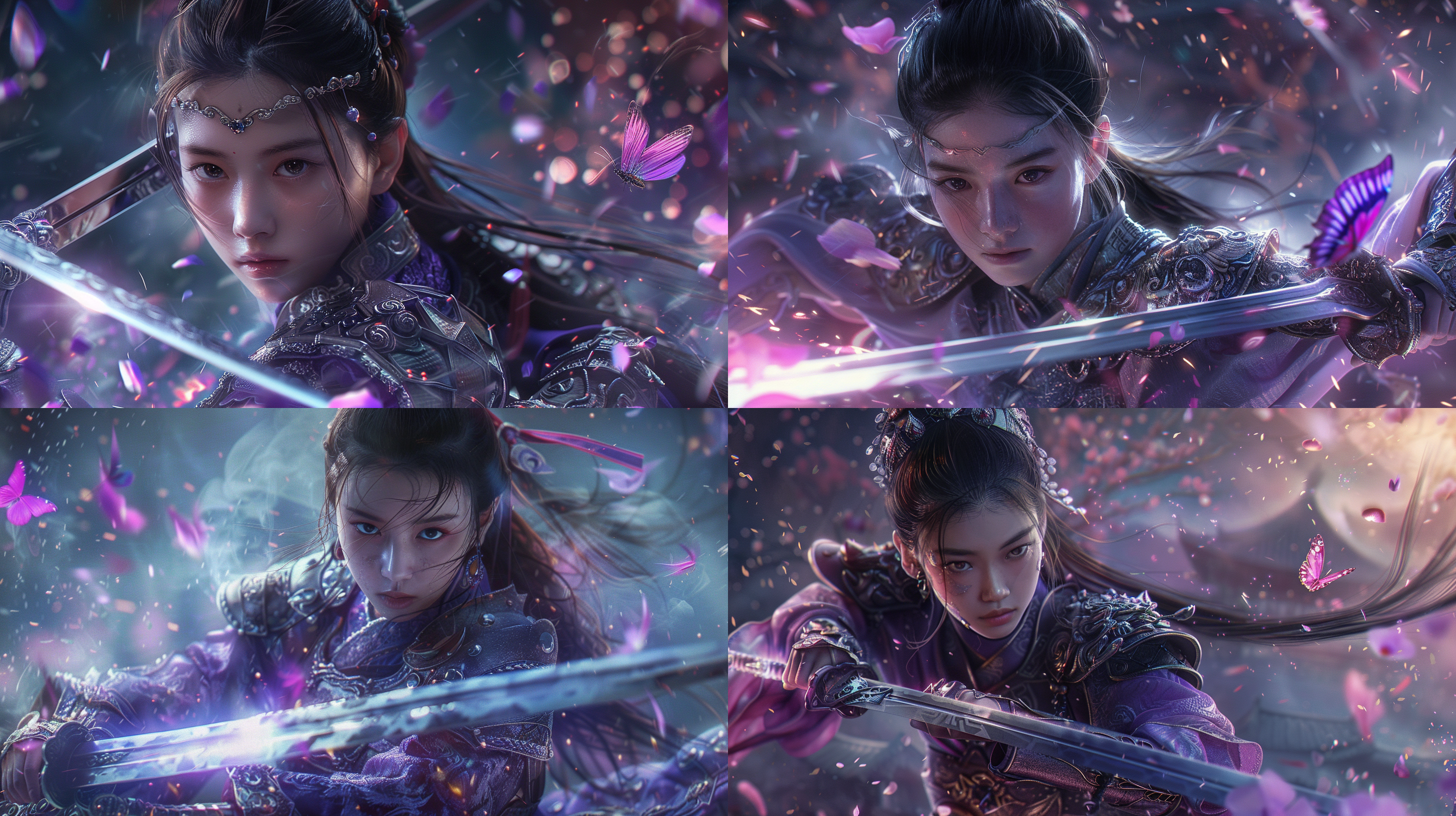 亚洲女性战神，明光铠甲，唐刀，山海经背景，紫色蝴蝶，神秘，神圣，金属质感，光影交错，英勇，壮丽，8k，杰作，电影效果，武侠，山海经