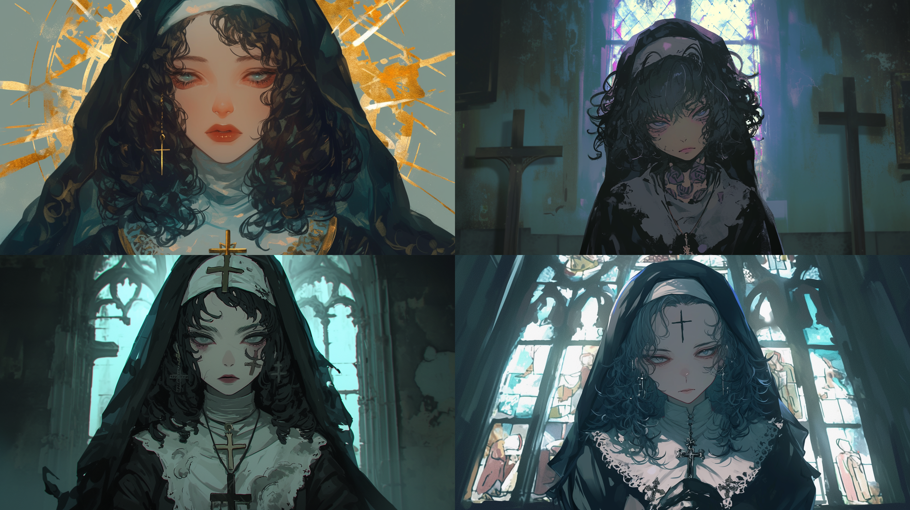 黑色卷发修女，身穿破碎的修道服，身上有圣经纹身，眼神冷漠