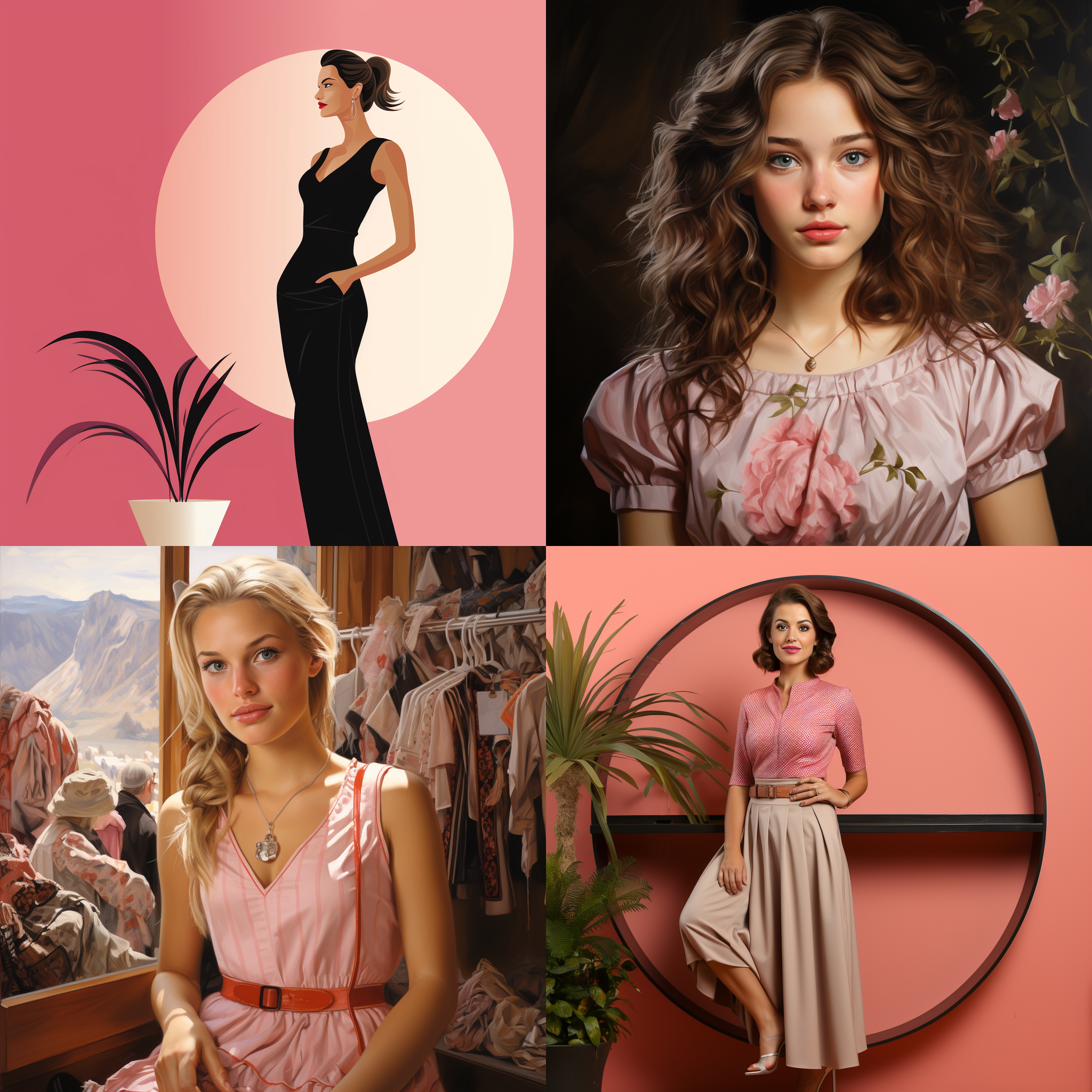 只描述衣服不要人物，女生咯肩膀夏天，背景粉色，短袖马裙，圆领