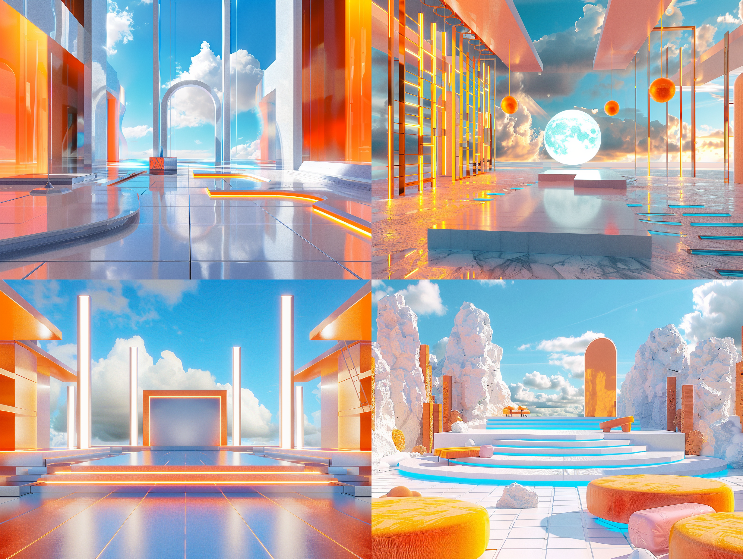 商品展示，舞台，购物节氛围，天蓝搭配橙色，未来主义模拟场景，高饱和度，前景视角，中央构图，超写实细致渲染风格，工作室照明，c4d，blender，redshift，8k分辨率，宽高比4:3。