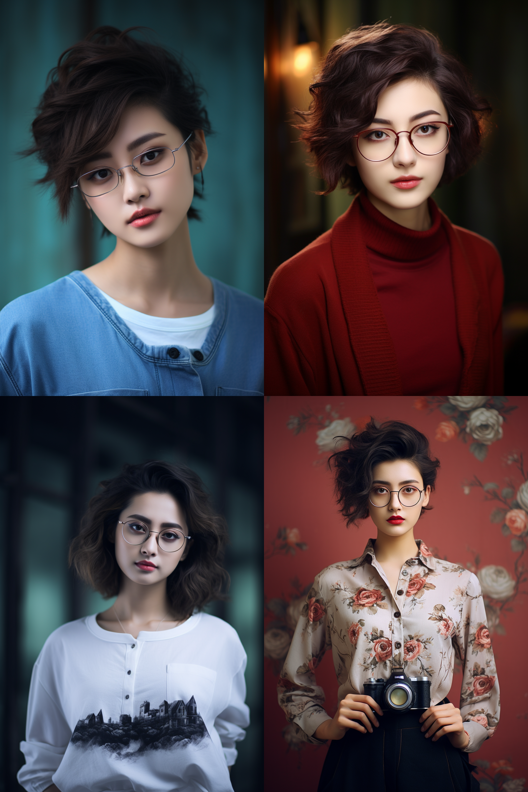 中国美女摄影人像，戴眼镜，短发，可爱