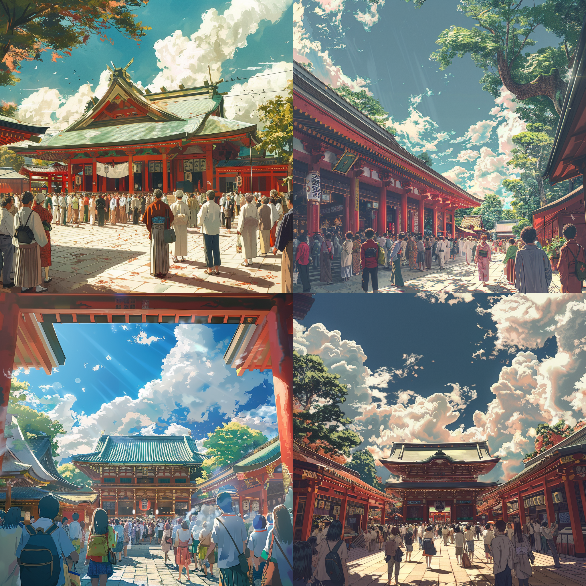 日本神社，热闹，夏季，温暖的阳光，晴天，白云，写实风格，广角镜头，人群，传统服饰，祈祷动作，和谐色调，喜悦情绪。