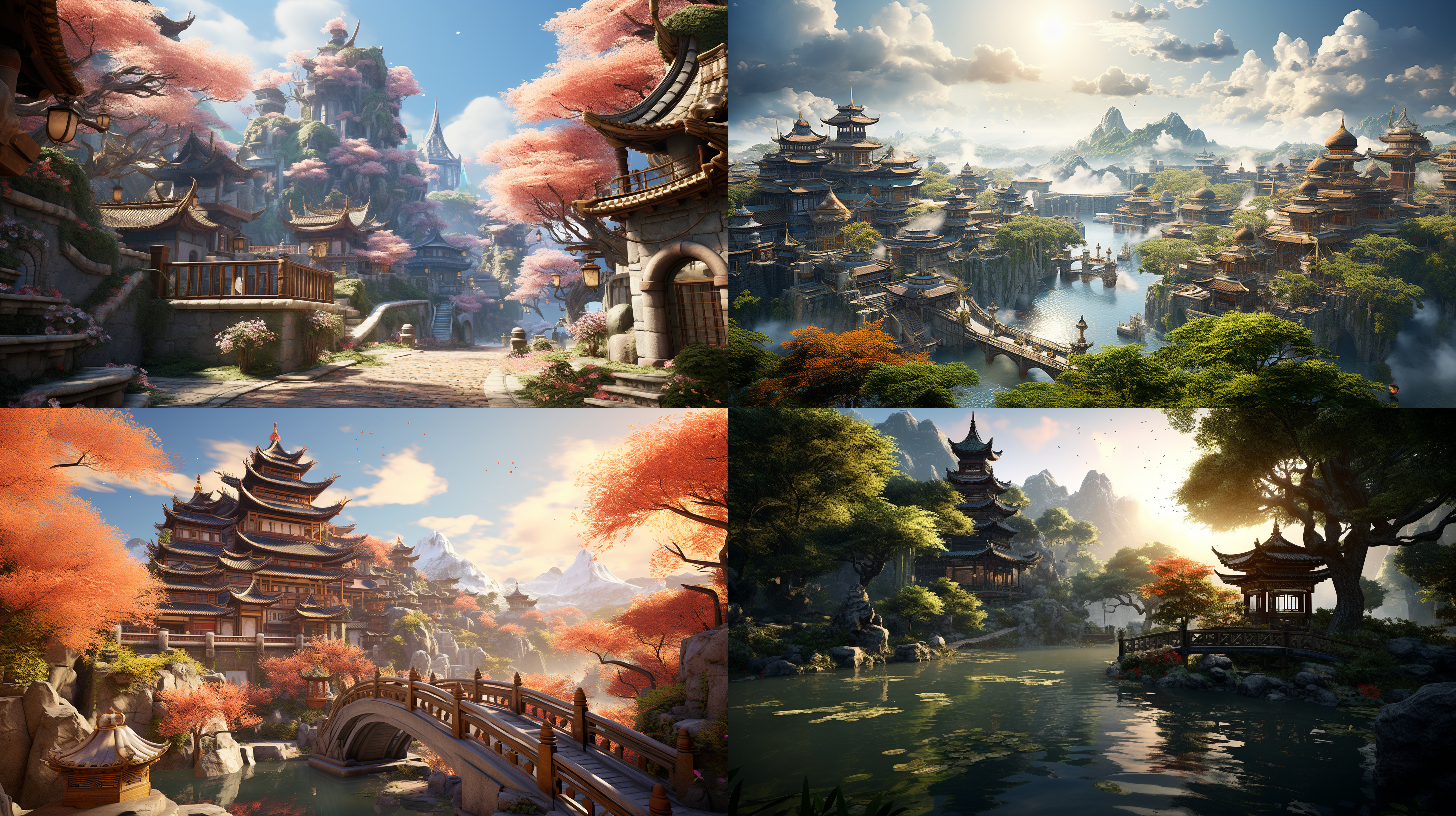 中式建筑在一片人间仙境中矗立，高冷色调增强了超现实的氛围。画面对角线布局，采用广角镜头捕捉到了整个景。柔和侧光照亮了建筑的细节，融入了快门的动作。神秘的氛围激发观者的好心，营造出一幅仙境般的画面。