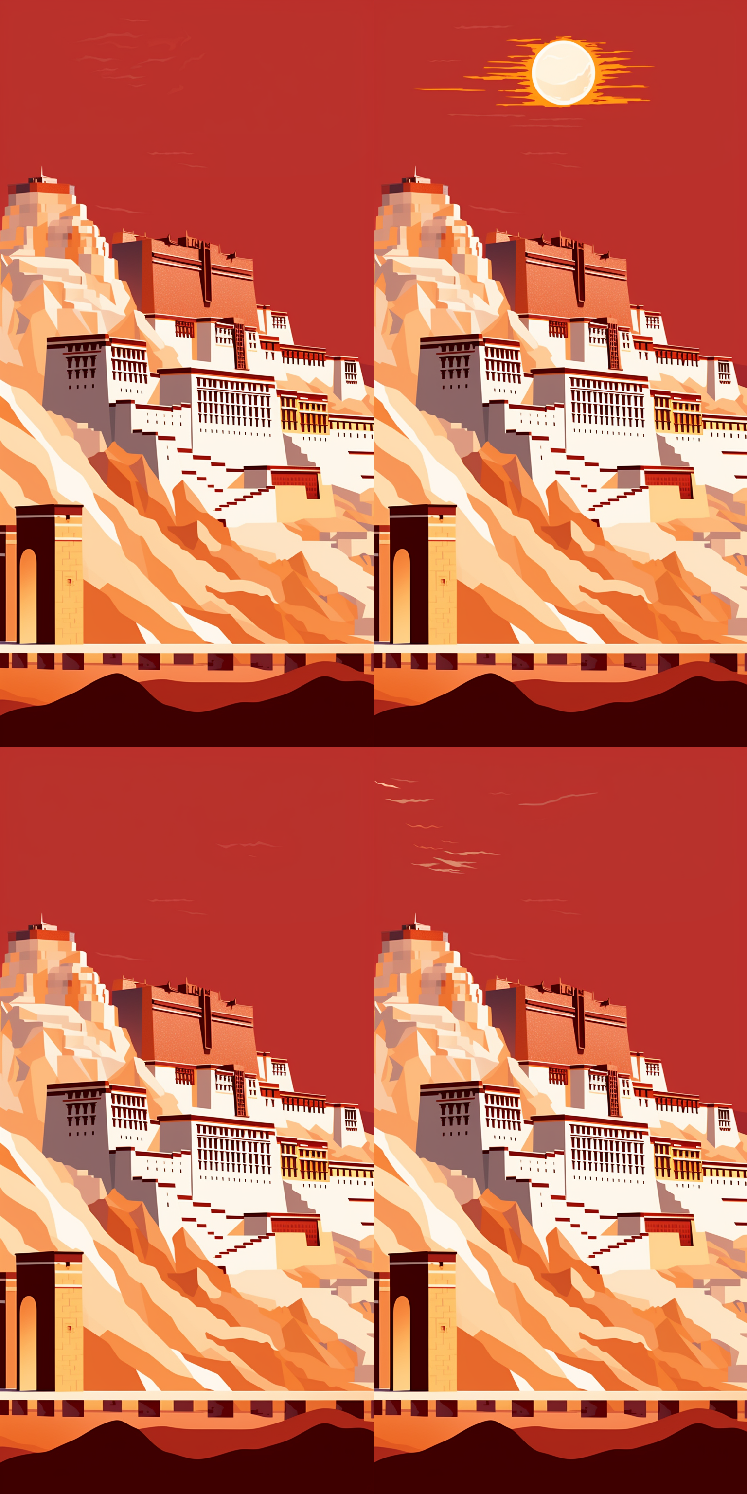 平面插画、布达拉宫、雪山、光影、极简、白色、红色、金色、复古，装饰画，去掉英文字