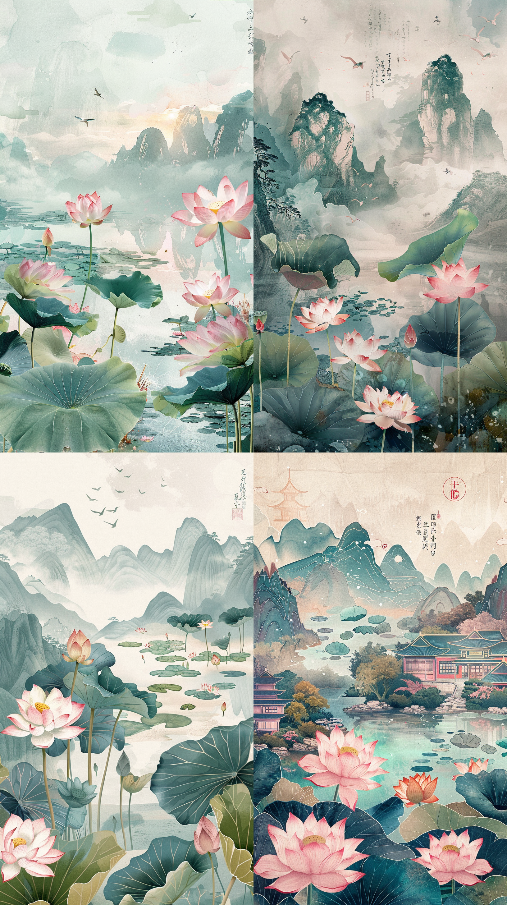 现代中国海报陶瓷，东方风格的山水画，前景是荷花莲蓬，充满活力的插图，背景有书法文字，柔和梦幻的描绘，扁平海报艺术，美丽的平衡，清晰的细节，色彩丰富，细致入微，光影交错，生动自然，中国传统元素，繁花似锦，静谧宁静，优雅大气 ar
