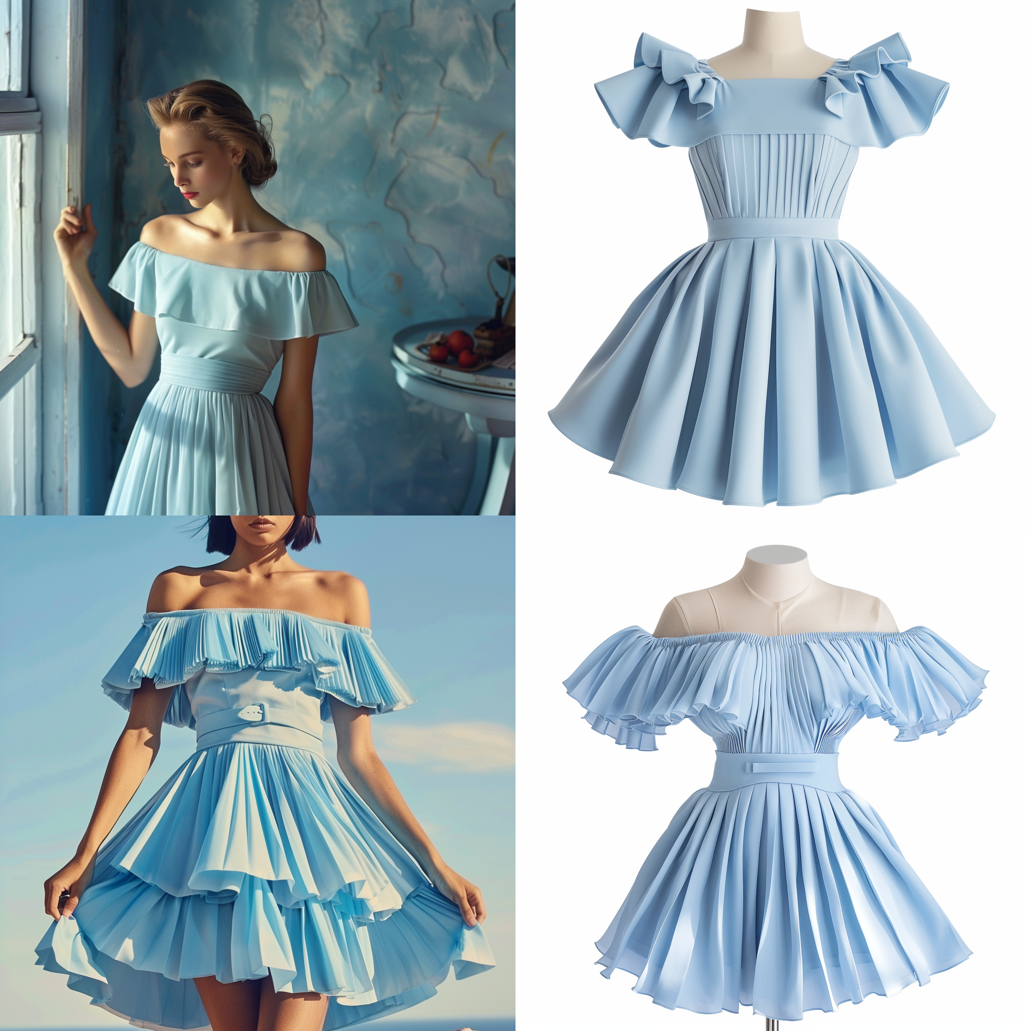 描述一件衣服没有人物，女生咯肩膀夏天，天蓝色短袖马裙，圆领