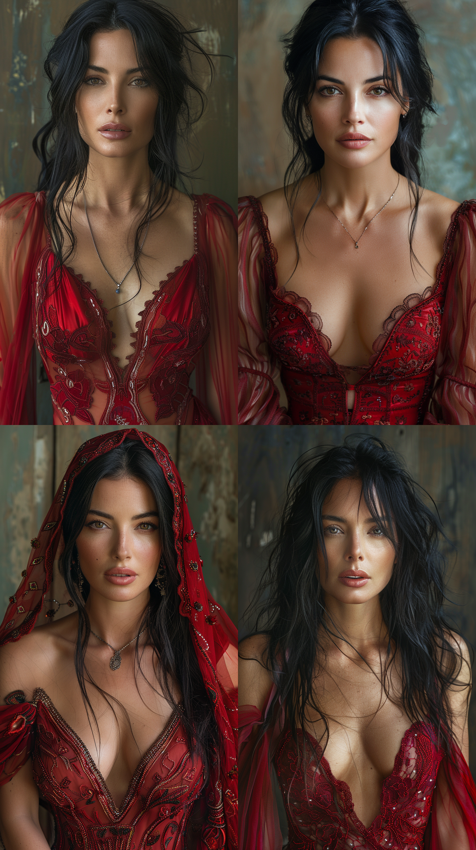 蒙妮卡·贝鲁奇，充满激情和渴望分享启发性故事的眼睛，展现出俏皮的举止。穿着现代时尚的深红色礼服，轻盈的黑发披肩。摄影棚内，专业摄影作品展现她每一个细节。高清晰度呈现她的表情和服装图案，灯光突出特点，呈现经典艺术肖像风格。, 8k分辨率, 细节丰富, 表情生动, 专业摄影棚, 高清晰, 精致服饰, 照明突出, 肖像画, 经典风格, 艺术气息, 光芒四射