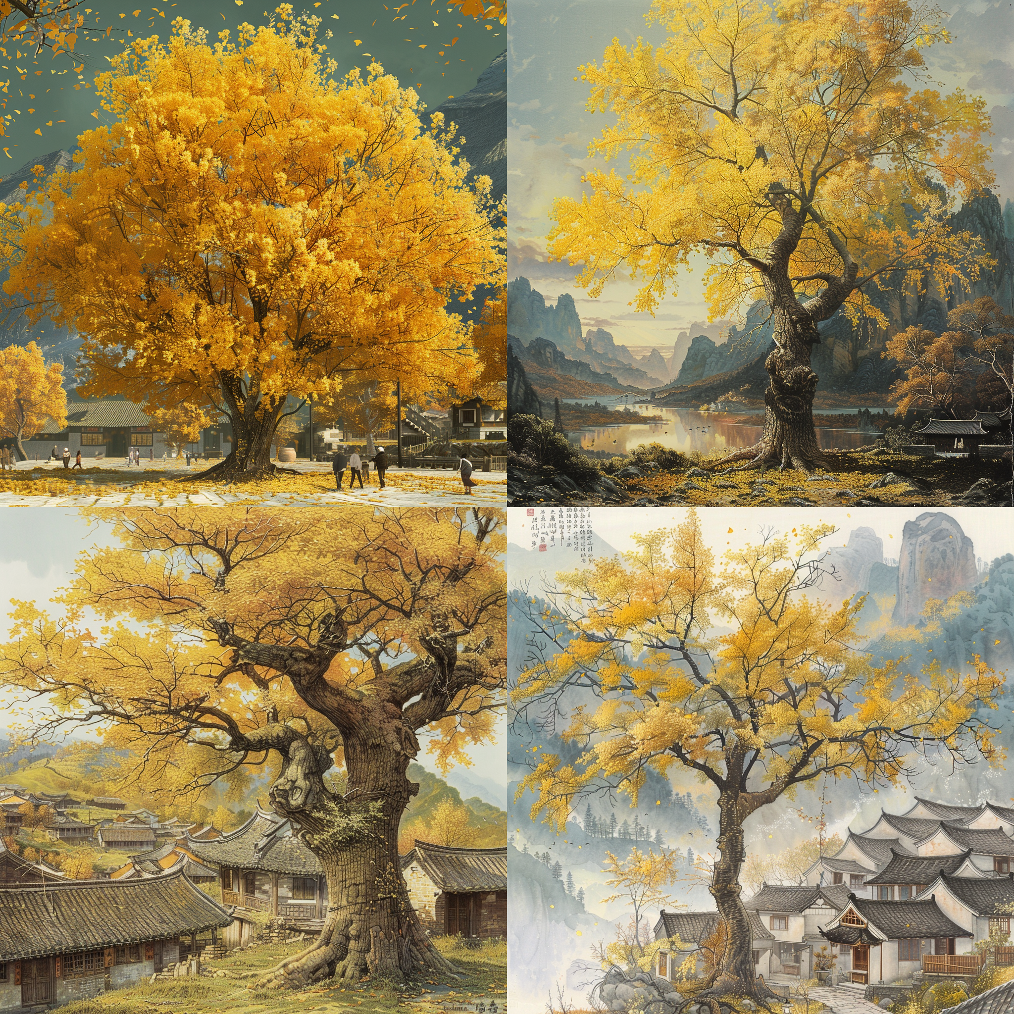 一个巨大的银杏树，占据画面黄金分割点，画面干净，真实，现实世界，中国乡村，