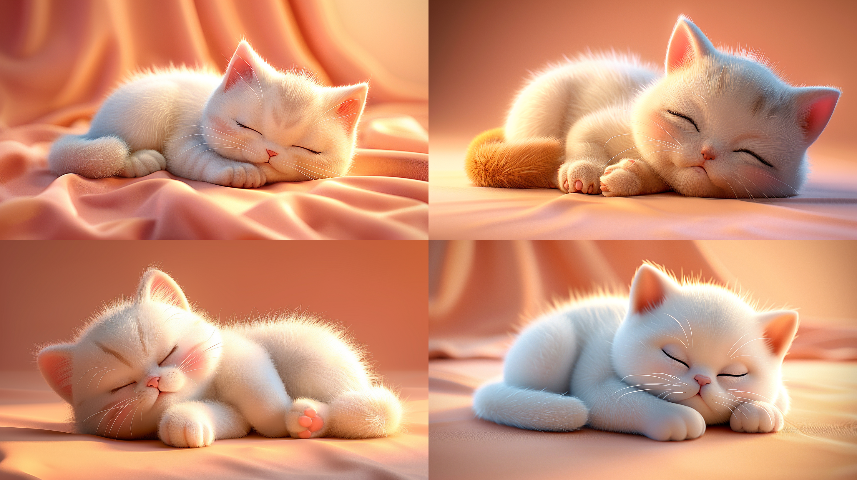 白色小猫睡觉，居中构图，浅粉色纯色背景，细节突出，静态，柔和光线，可爱，温暖，放松，清新。,