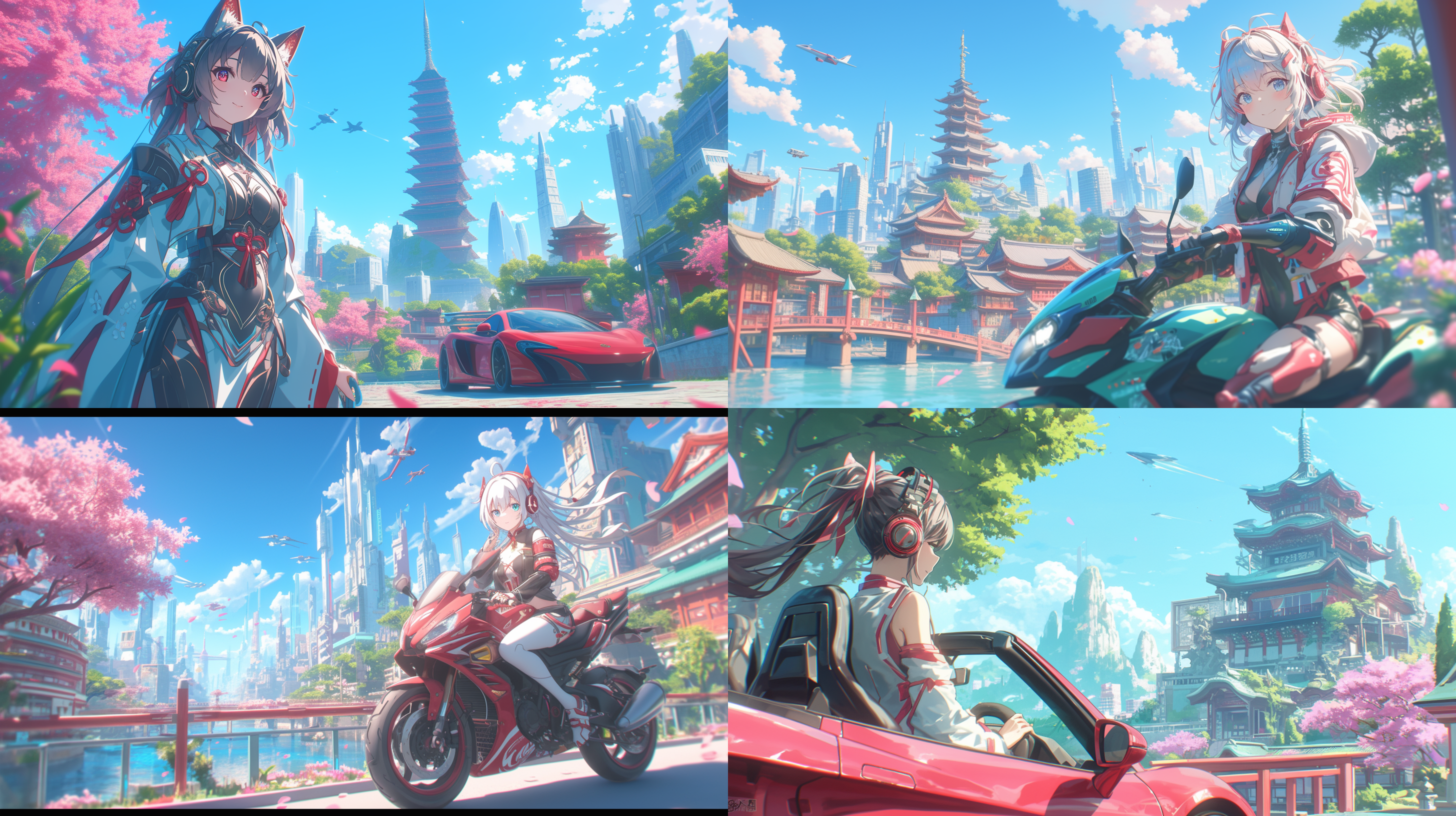 机械美女在未来都市中驾驶飞行汽车，背景是高楼大厦和炫目霓虹灯光。她穿着紧身黑色皮衣，头戴耳机，微笑，眼神坚定。透视构图，炫酷配色，广角镜头，强对比度，动感十足，充满科感。近未来设计，二次元插画，高清图片质量，虚幻引擎渲染。