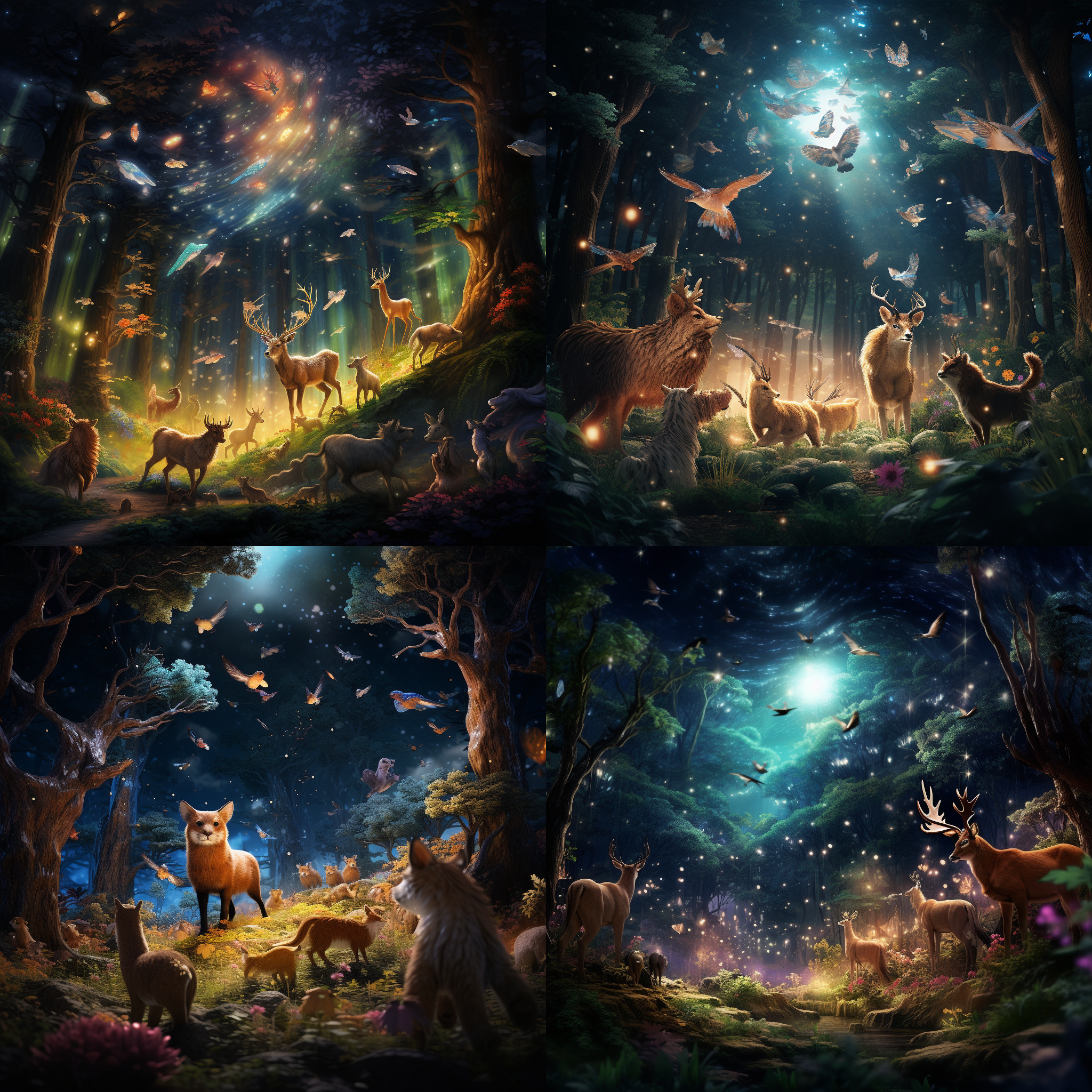 动物们在夏加尔风格的森林中，夜晚的梦幻景色。照片以极高分辨率呈现，景深浅，凸显细节。动物们身穿鲜艳的羽毛和毛皮，欢快地跳跃、奔跑。明亮的星空和神秘的月光照亮着他们，营造出神奇而温暖的氛围。