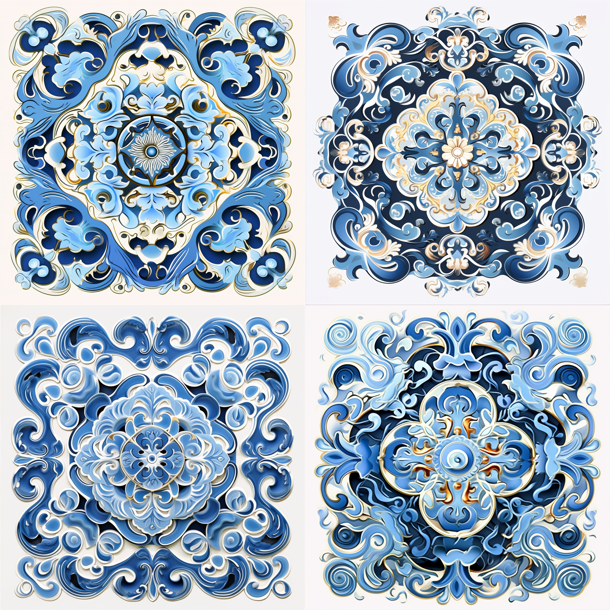 中国传统文化纹样，细致蓝色图案，对称构图，古代风格，华丽装饰，静态，宫廷氛围，细节丰富，明亮色调，传统纹样，优雅情感。