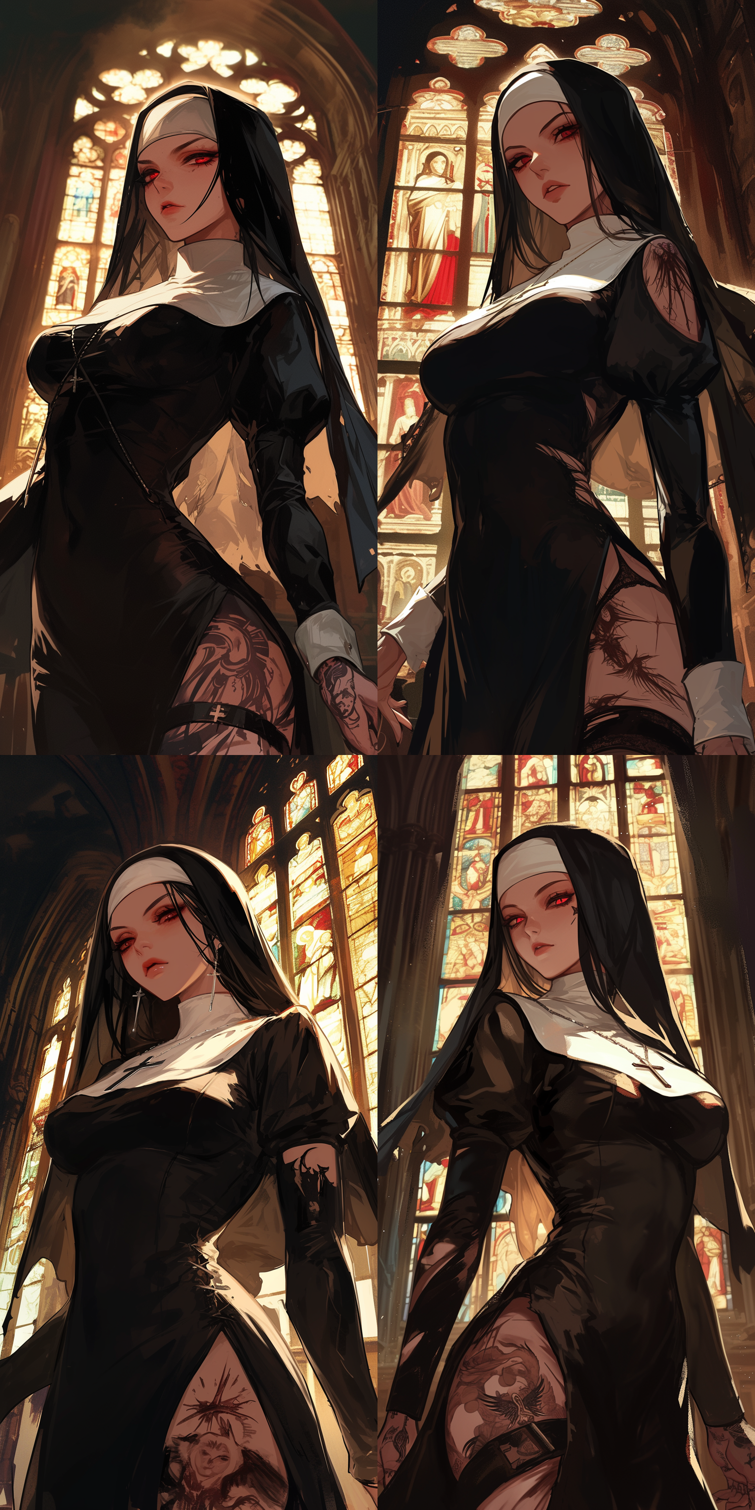 黑色卷发修女，身穿破碎的修道服，身上纹身映射出红光，眼神冷漠，人物全身，教堂背景
