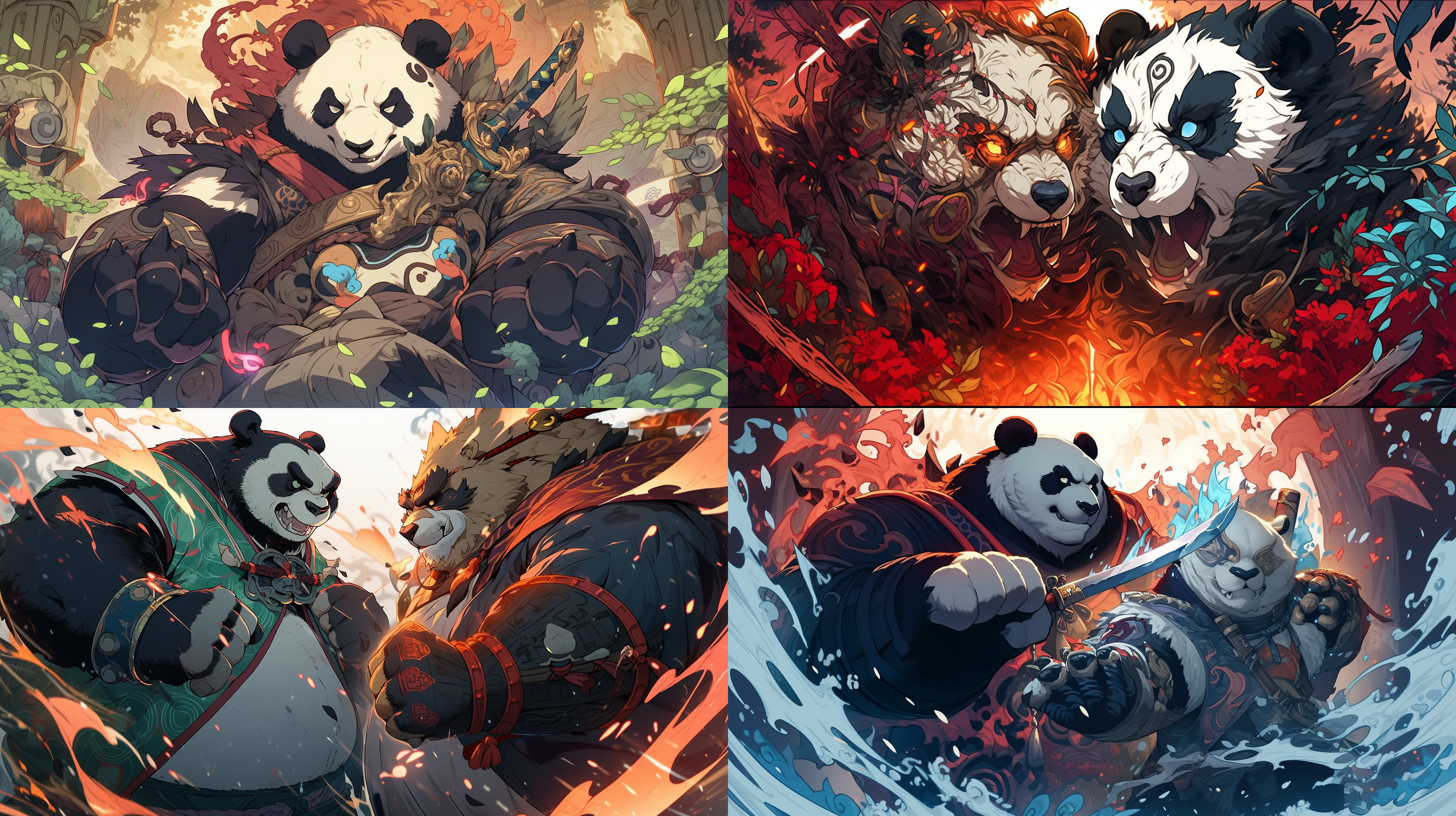 全服武装的熊猫vs恶狼和癞蛤蟆，恶狼和蛤蟆被熊猫的气势镇压，凸显善恶对决，电影般动感，记录每个细节。