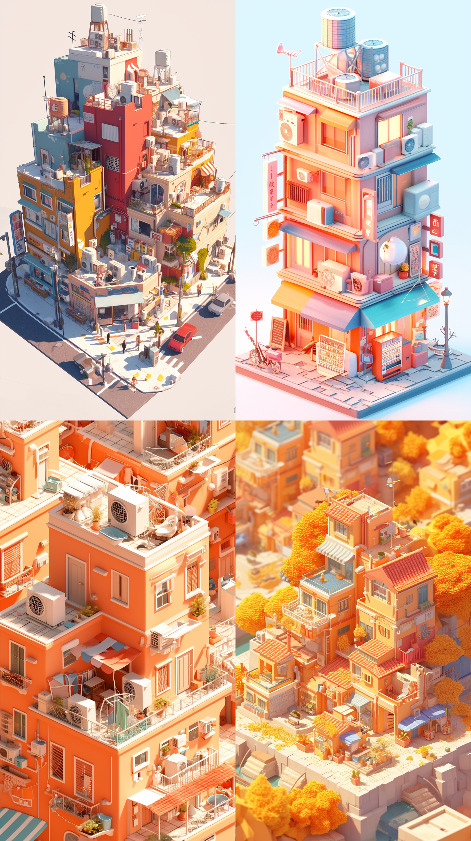 小型城市，现代建筑，卡通风格，陶土材质，等距离投影，3d渲染，光滑发亮，可爱少女风格，粉彩色调，聚光灯，暖色调，白色背景，最佳细节，高清，高分辨率，任天堂、behance、dribbble热门。