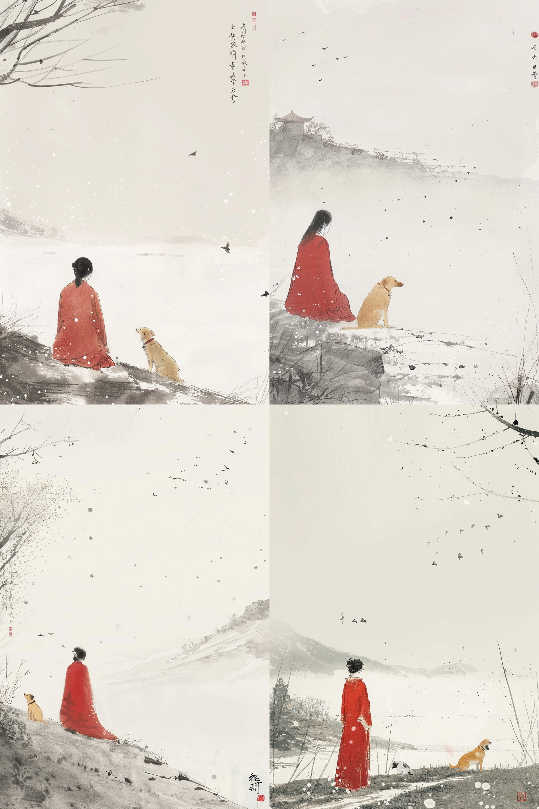 水墨画，东方女子，一只黄狗，细节丰富，诗意