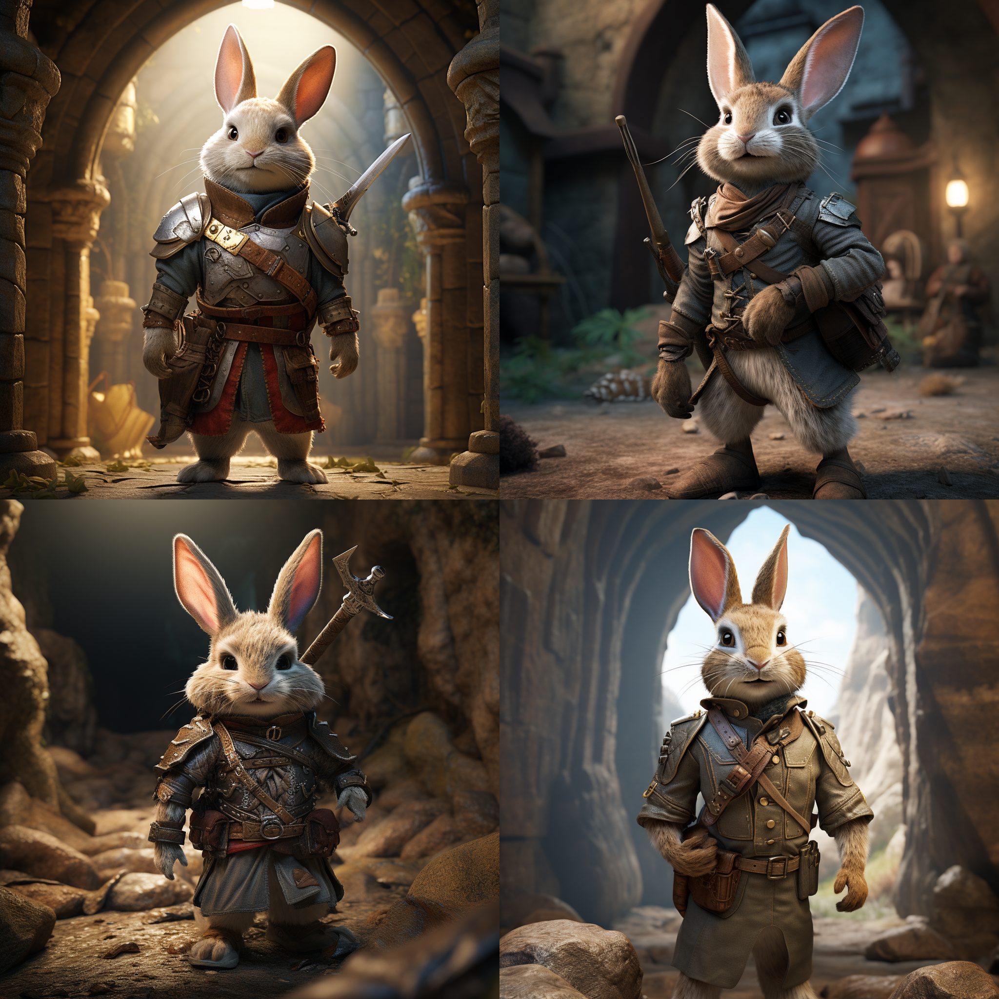 兔子扮演d&d冒险者，城堡背景，皮甲，拟人化，jean baptiste monge风格，享受表情，像皮克斯风格眼睛，皮克斯、迪士尼、疯狂动物城风格，octane渲染，电影级灯光，体积光，锐利对焦，fxaa，cgi，后期处理，全高清，8k，2:3宽高比，创意，艺术化1250。
