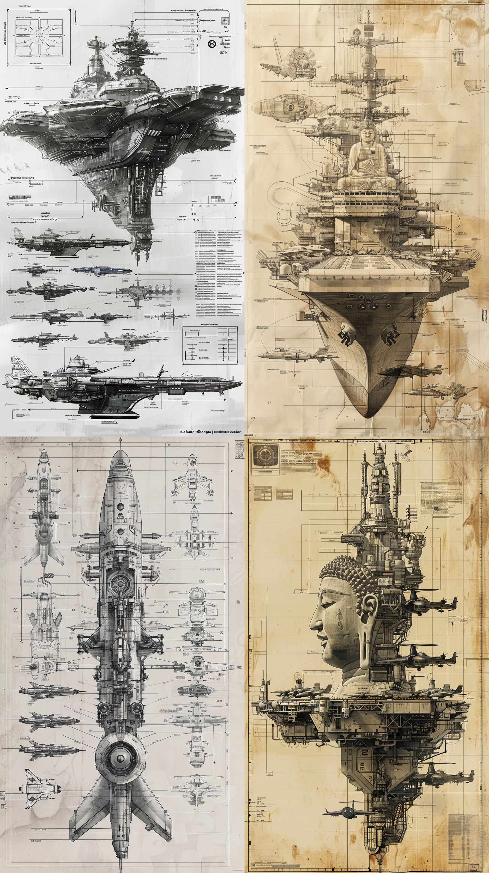 the design drawings of a warship built in space include a large buddha statue equipped with an ultra long main gun, a multi-layered apron, and many different types of aircraft parked, with equipment instructions for each part.