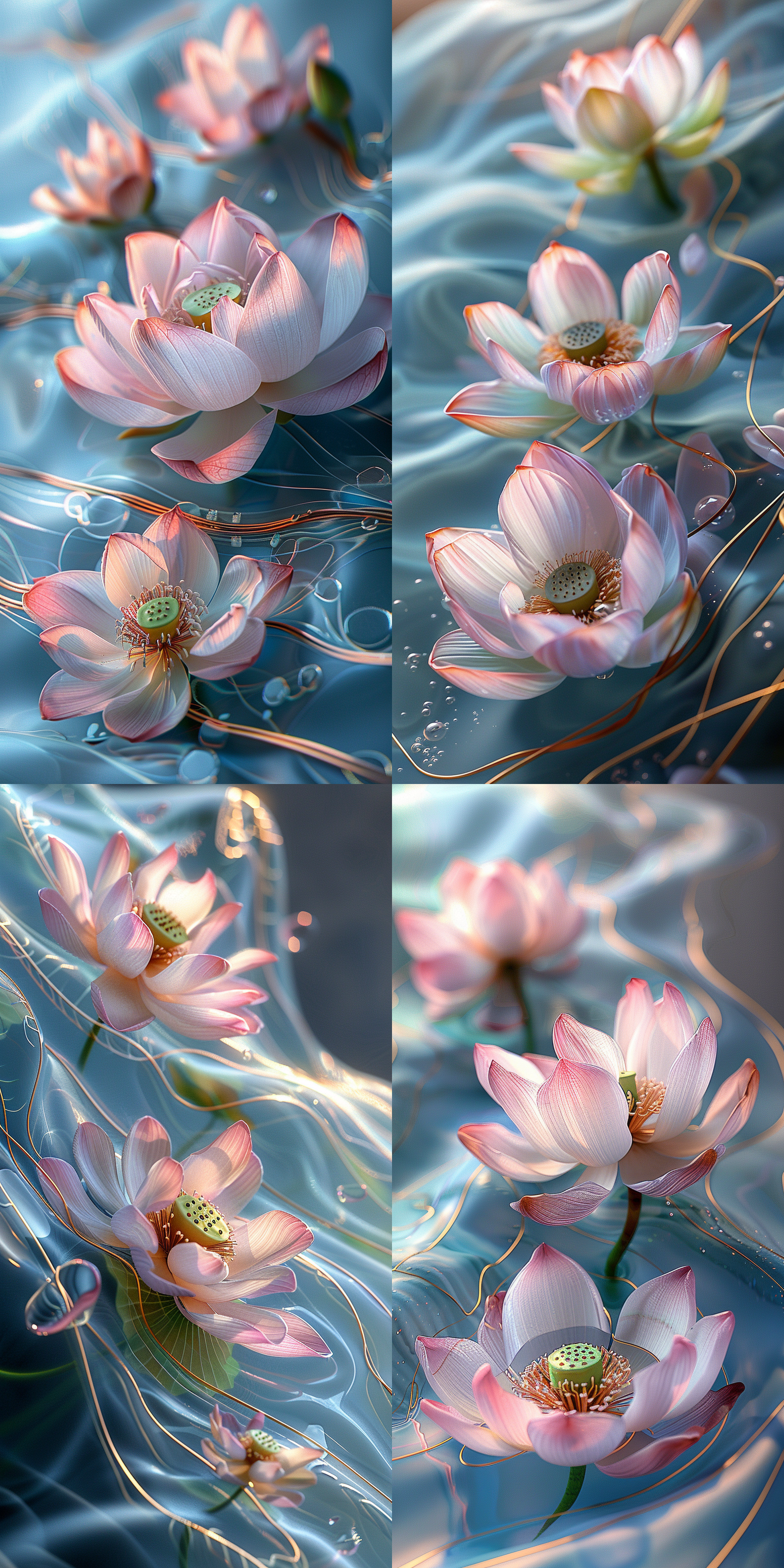 梦幻唯美，浅色系，莫兰迪色系，淡色系，透明渐变背景，浪花x射线效果，浅粉色和兰色分层，柔和的薄雾笼罩着浪花，荷花，营造出梦幻般的气氛，金丝边，珐琅彩。hdr