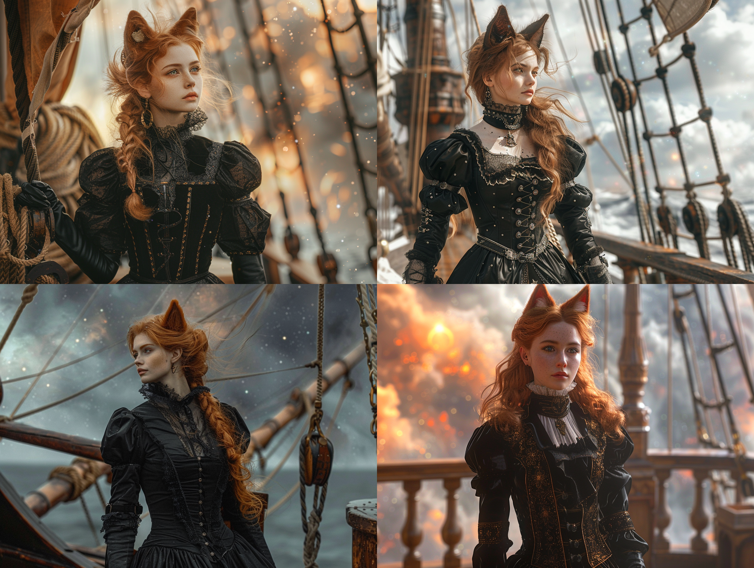 青年女性，狐狸耳朵，19世纪的黑色连衣裙，马丁靴，栗色头发，4k，站立，全身，站在17世纪的帆船上，背景是星云，虚幻引擎