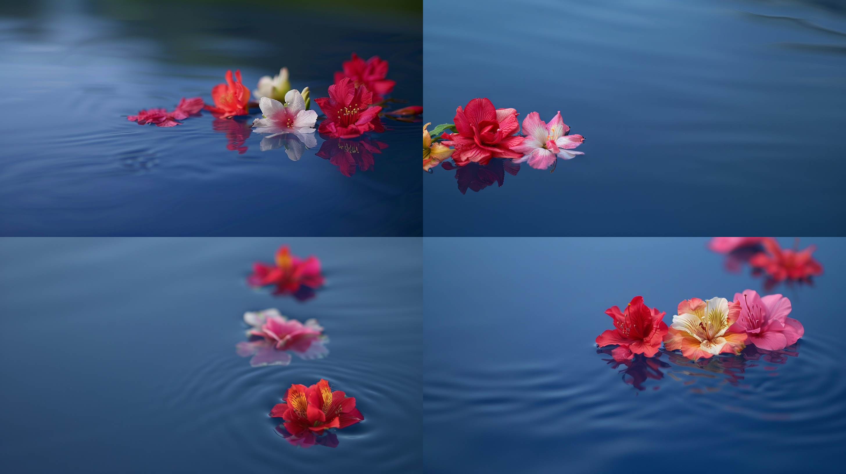 几朵花儿零散的飘在平静水面，像音乐符号一样的韵律，s型构图，俯视图，远景，光影交错，色彩对比，hdr