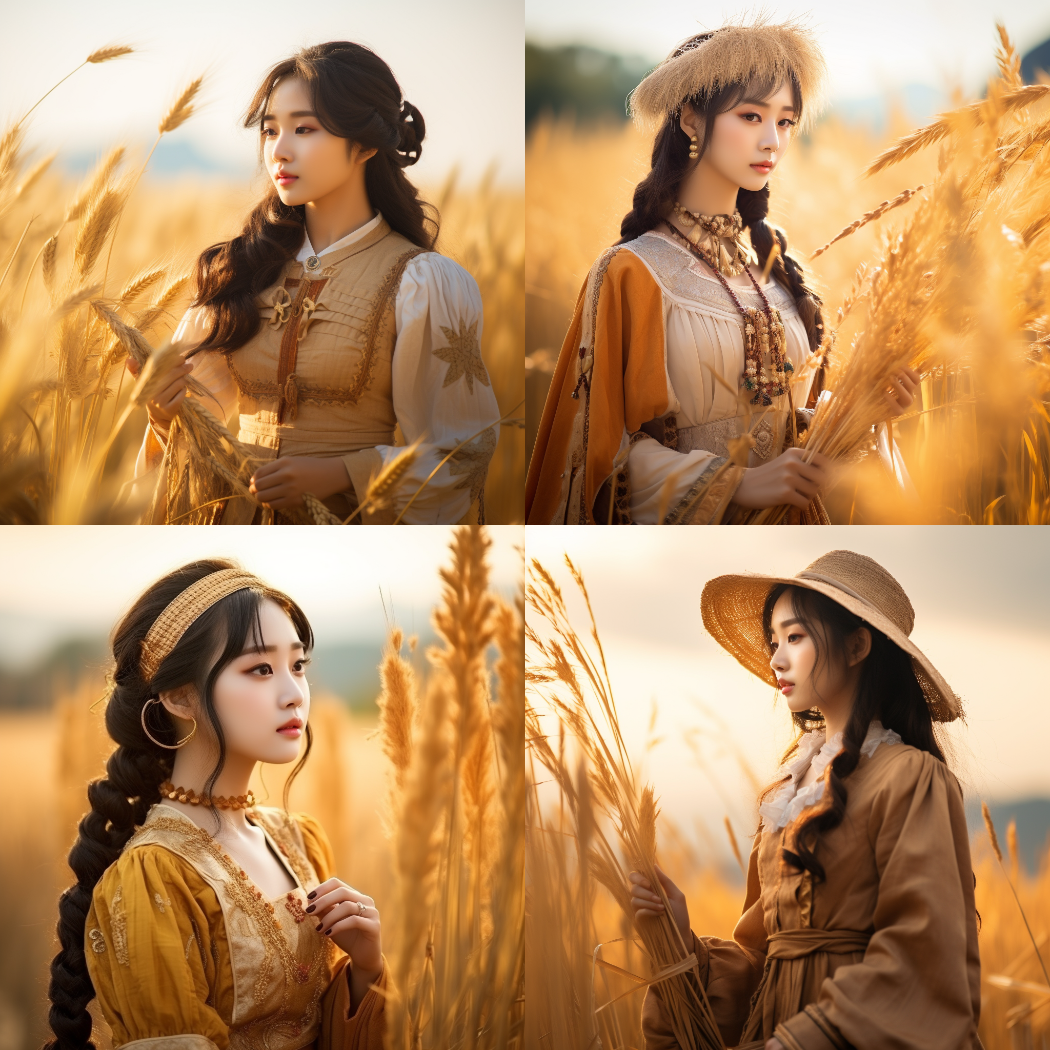 古装女性，秋天稻田，清新甜雅，侧脸，广景，柔焦，金黄色调，侧光，悠闲自然，优雅。