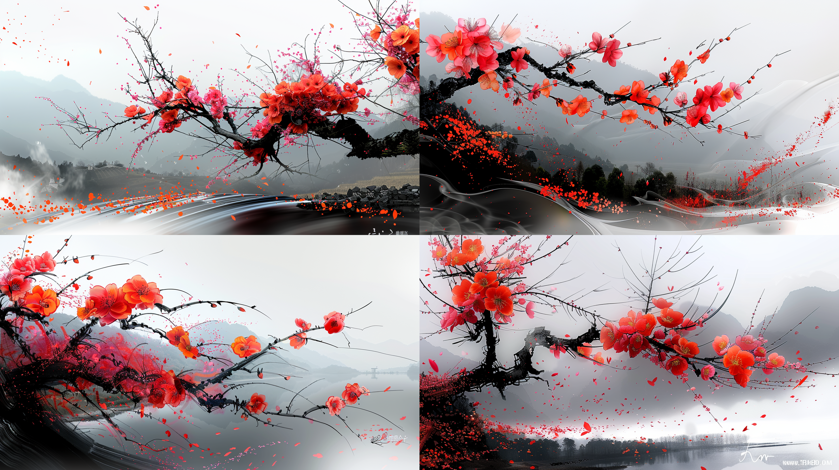 两支红樱花盛开，背景干净，花瓣飘洒大地，中国水墨，hdr。