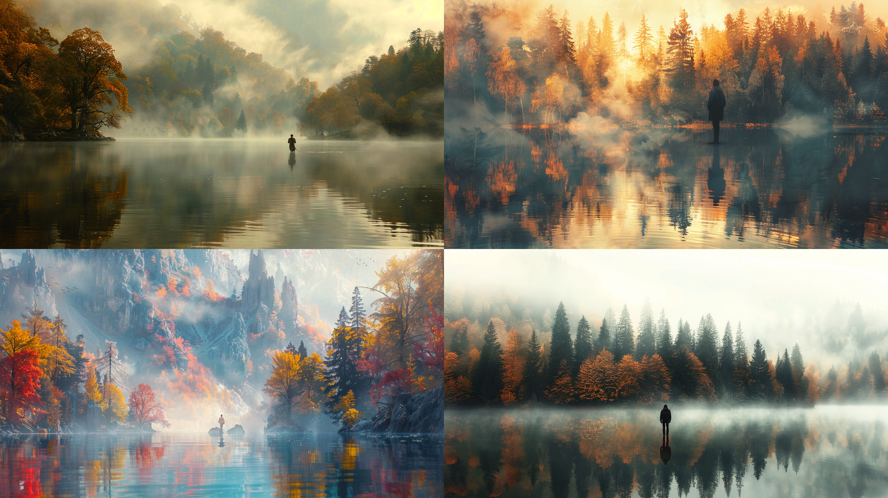 迷雾笼罩的湖泊和树林，一位孤独行者背对镜头，呈现出富有层次感的画面。逆光照射下，他静静地思考着，散发出沉静的氛围。彩色的景象中，大景深让整个场景更加真实。