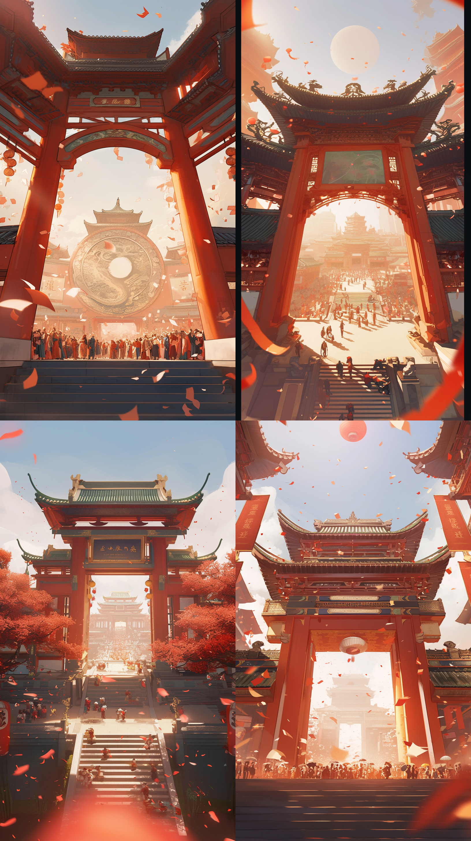 云顶天宫，广角透视，热烈气氛，春节，绚烂红色，灯火辉煌，人潮涌动，喜庆欢腾，盛况空前。风格：广角镜头，红色调，热闹气氛，过年喜庆。