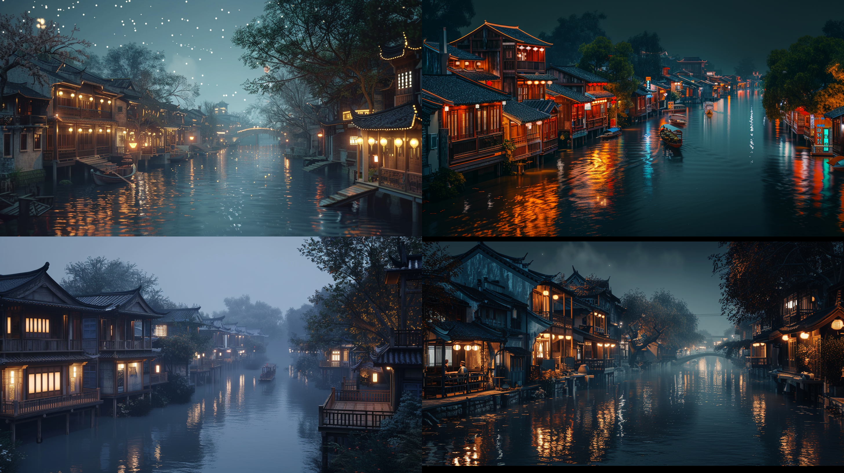 hangzhou, night time footage, pexels, panoramic photography, next to a river, tone mapping, interconnections, the three body problem, advanced lighting technology, winding rivers, wooden buildings, 1 6 : 9 ratio, mobile game asset, by wu qiang